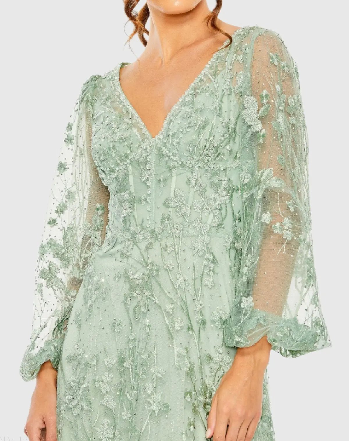 Green Puff Sleeve A-Line Embroidered Gown-Myartka