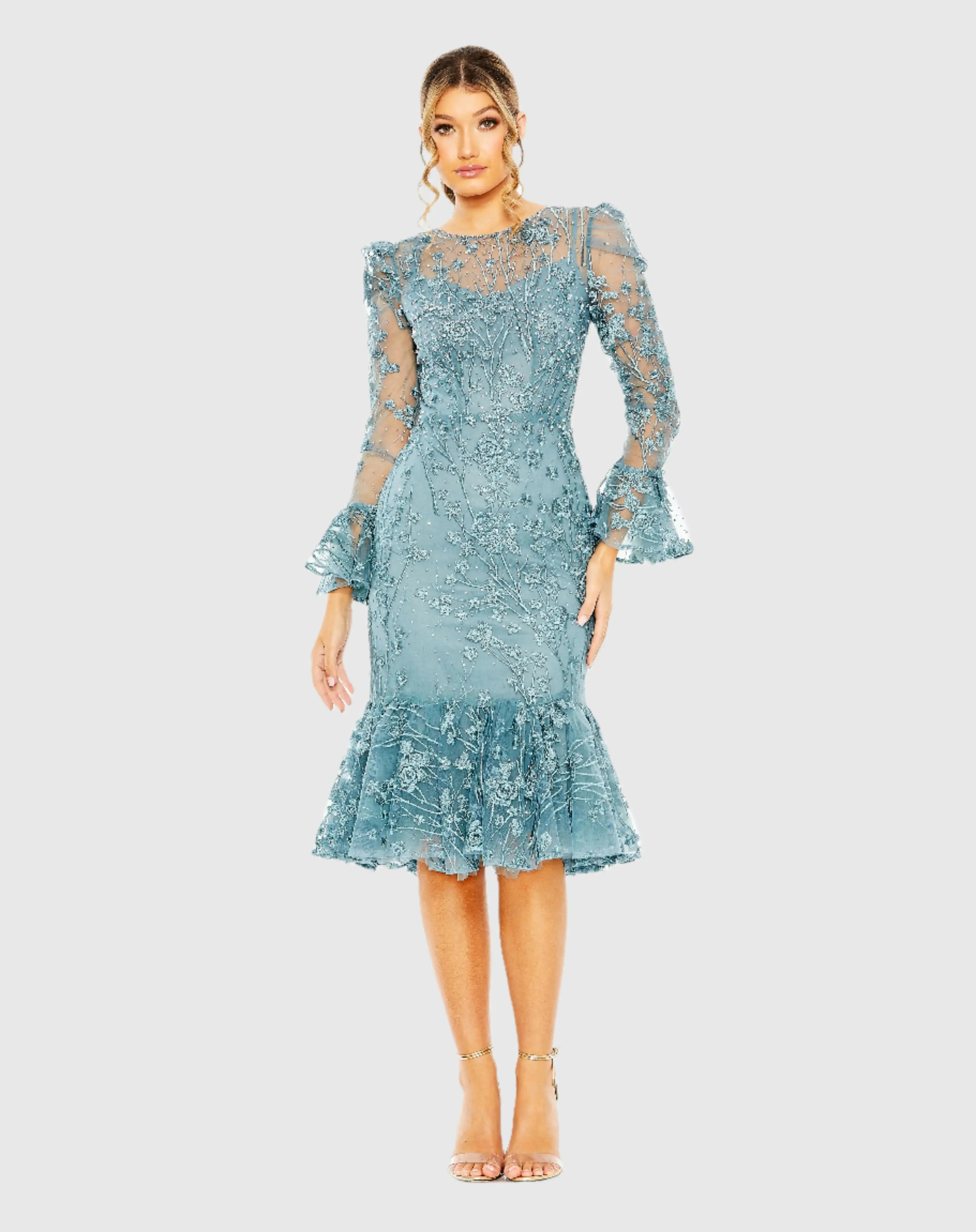 Ruffle Wrist Embellished High Neck Midi Dress-Myartka