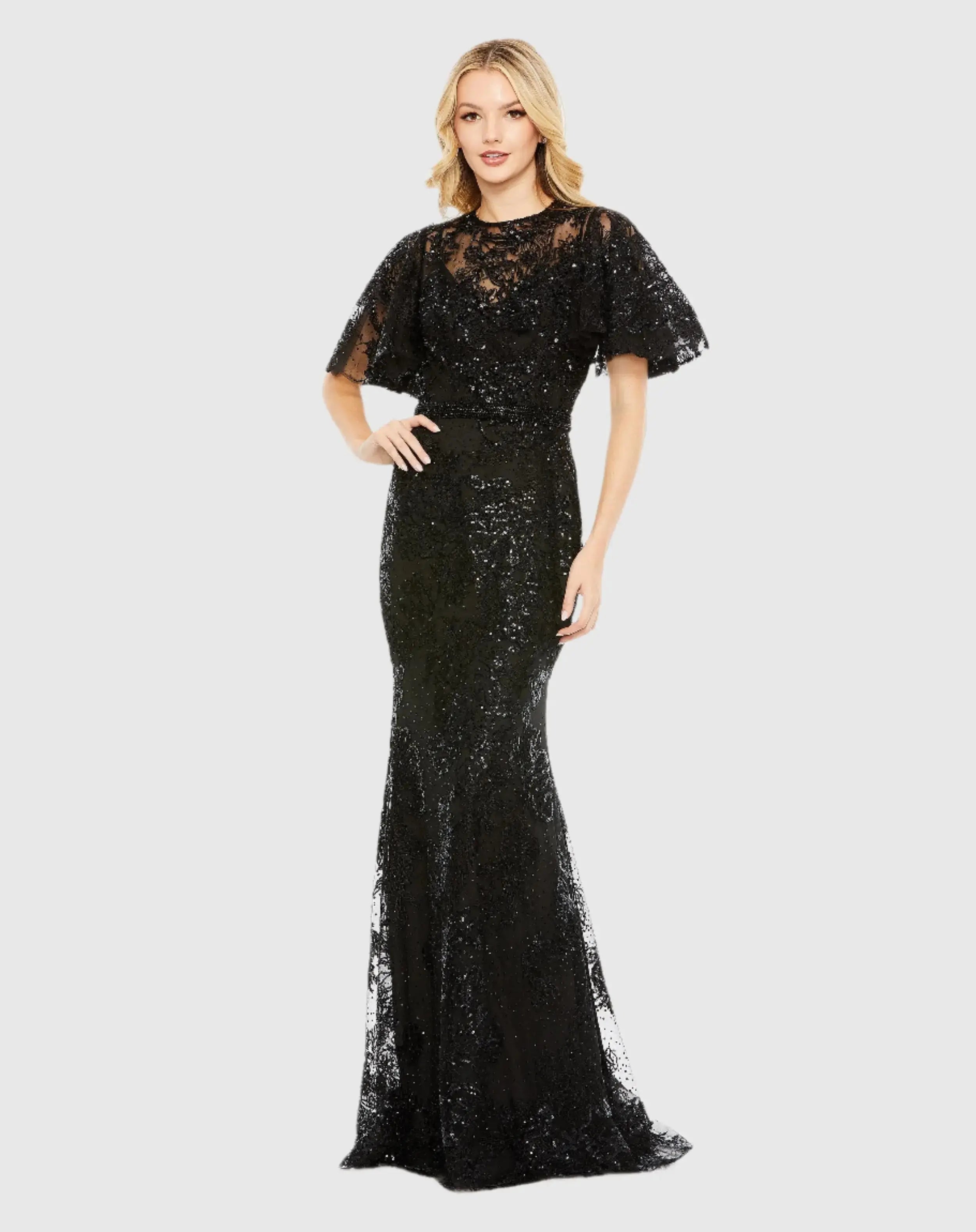 Black Embellished Flutter Sleeve High Neck Gown - FINAL SALE-Myartka