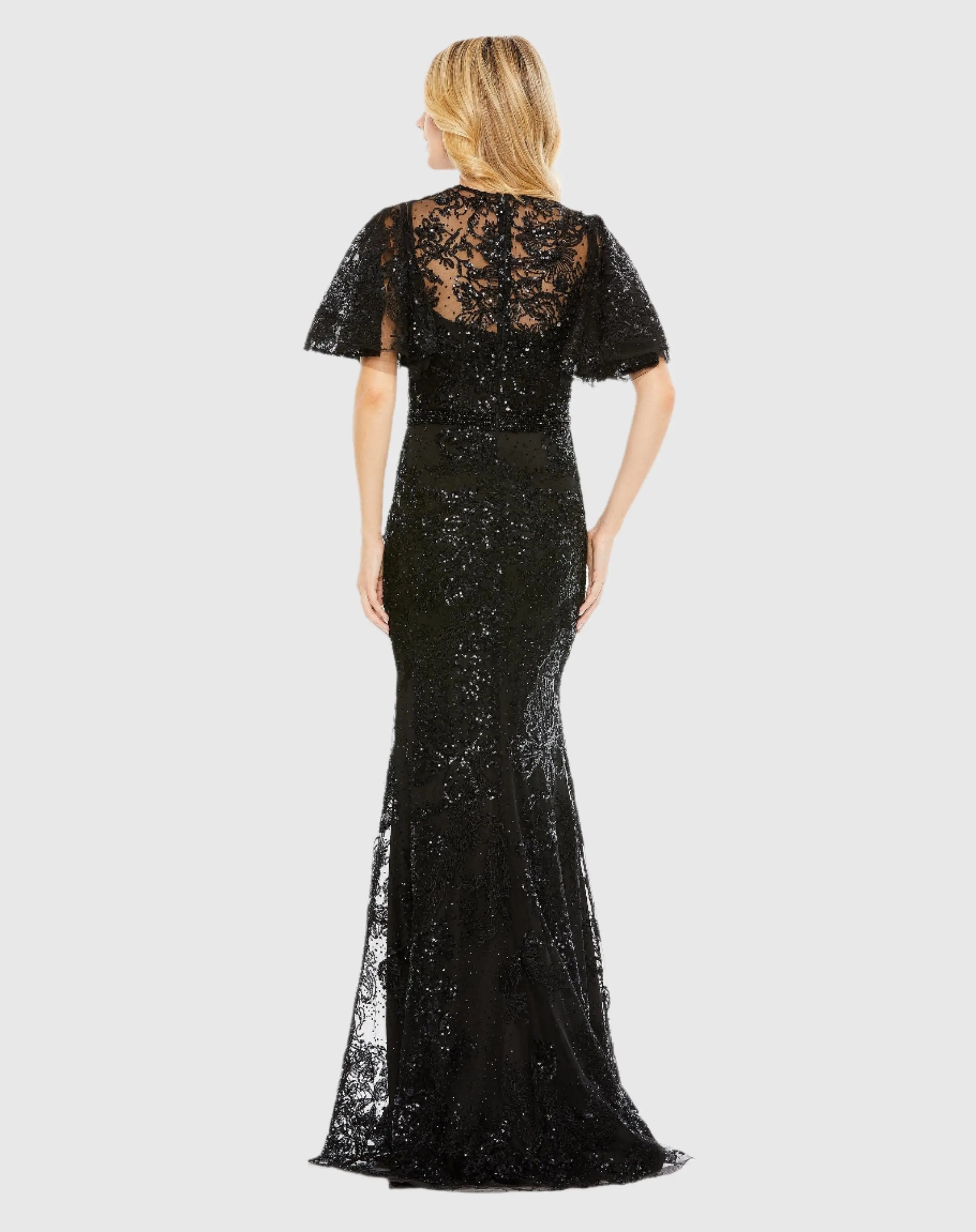 Black Embellished Flutter Sleeve High Neck Gown - FINAL SALE-Myartka