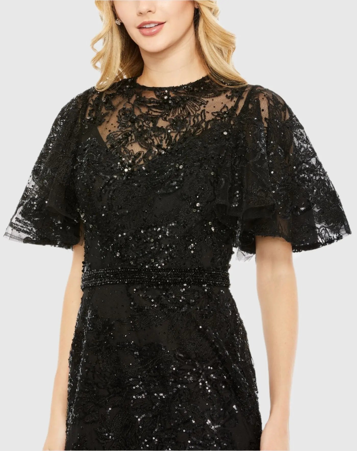 Black Embellished Flutter Sleeve High Neck Gown - FINAL SALE-Myartka
