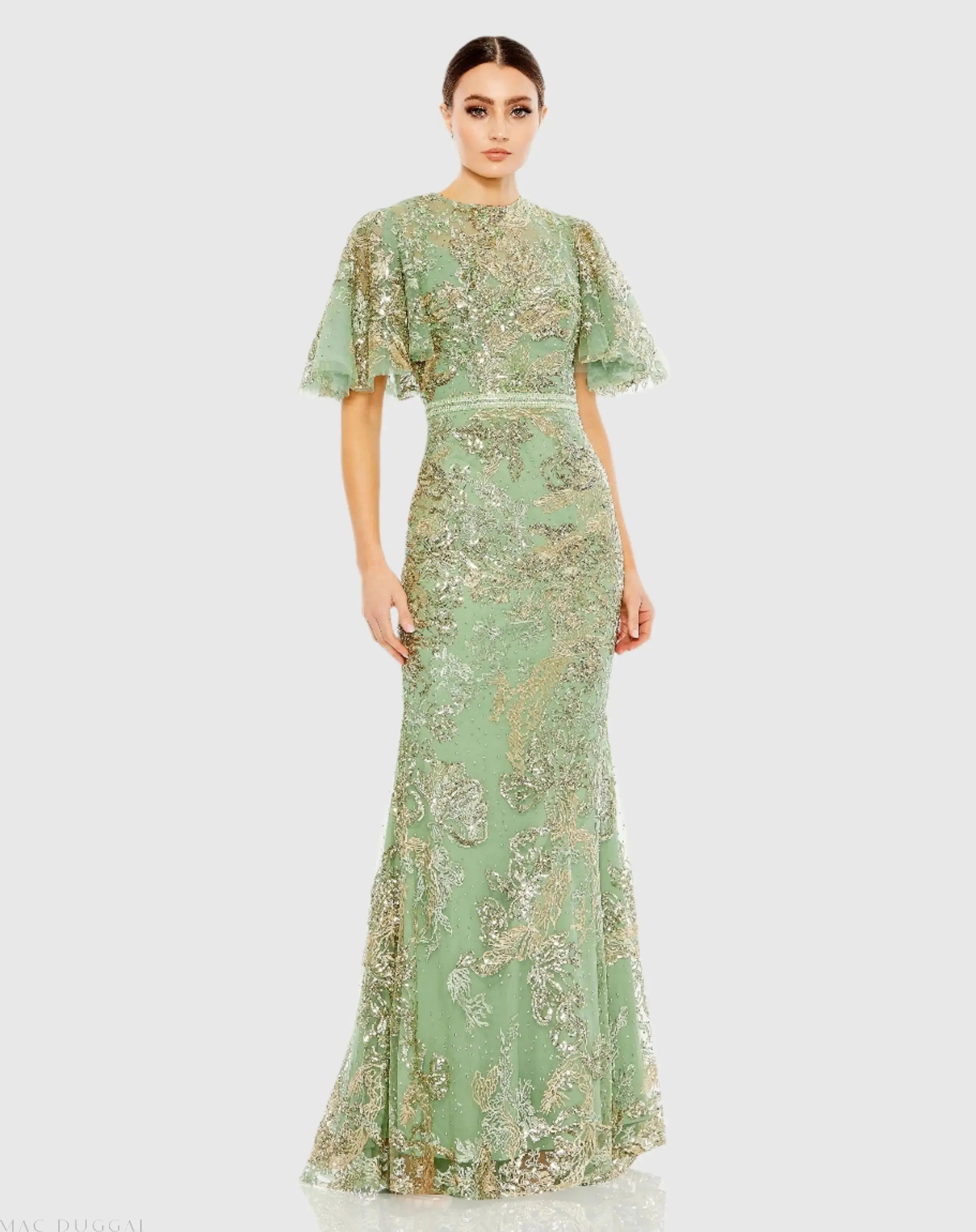 Green Embellished Flutter Sleeve High Neck Gown-Myartka
