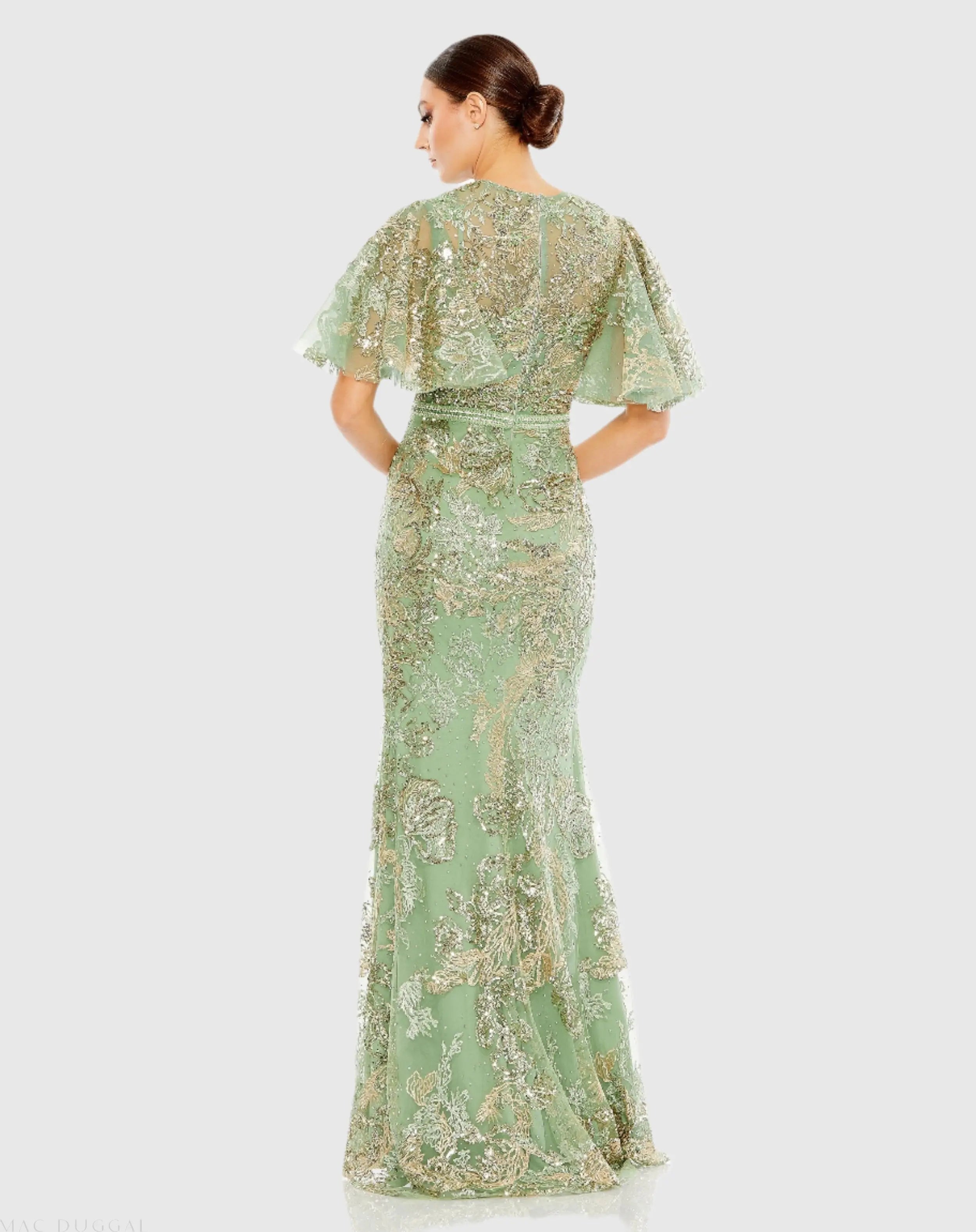 Green Embellished Flutter Sleeve High Neck Gown-Myartka