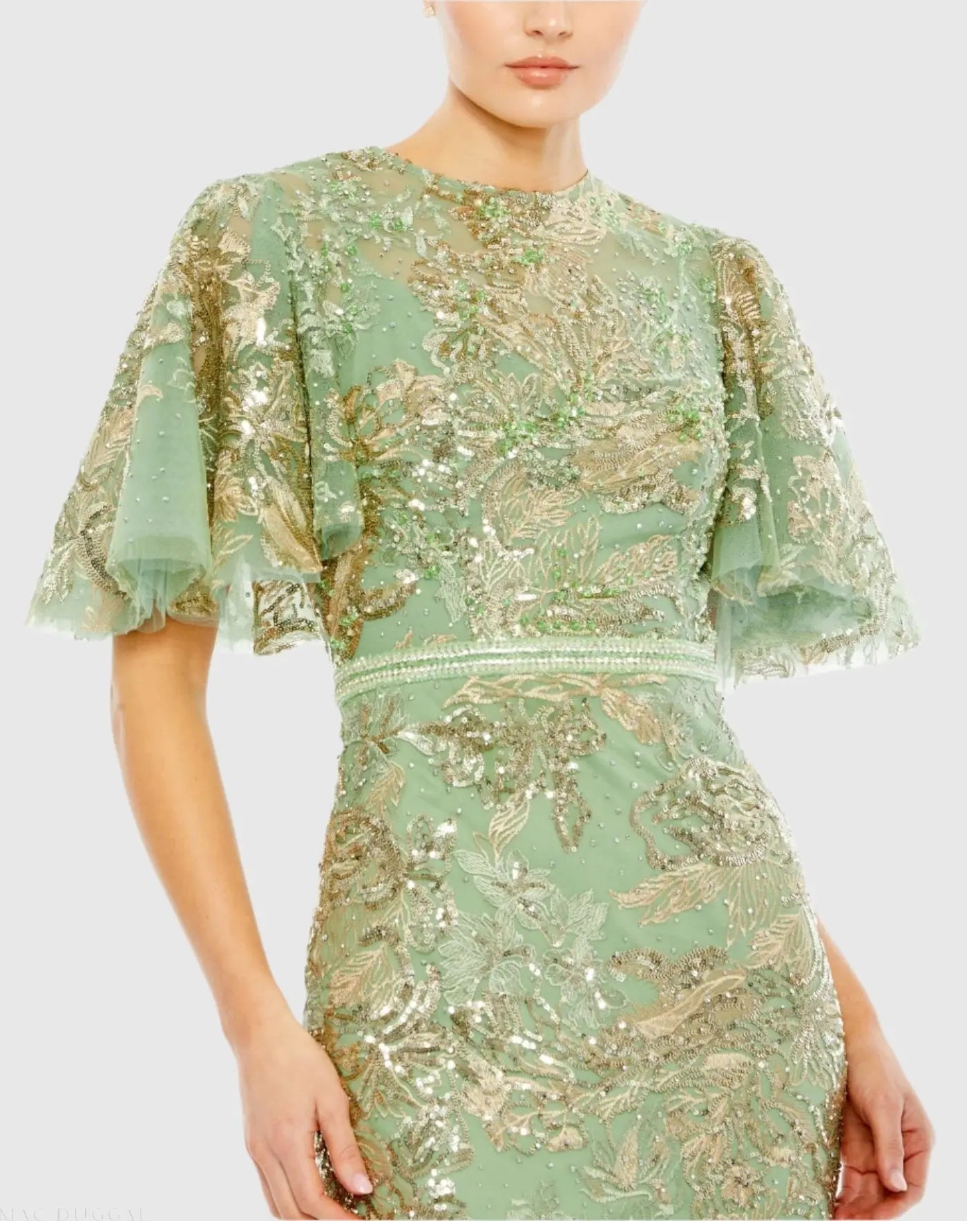 Green Embellished Flutter Sleeve High Neck Gown-Myartka