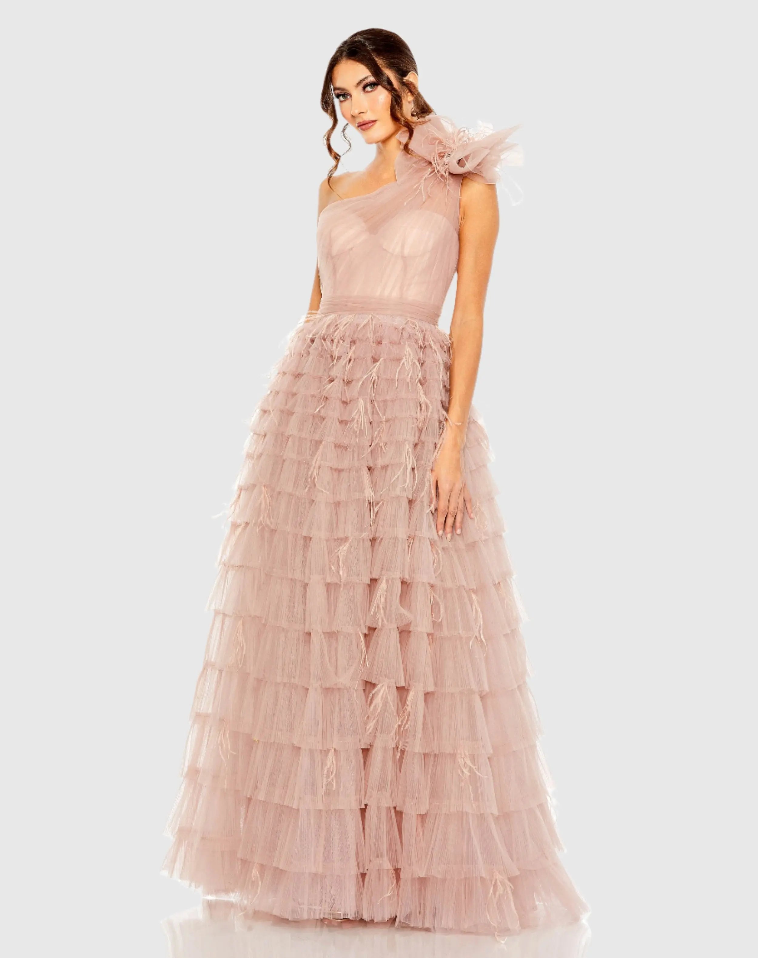 Pink One Shoulder Faux Bow Feather Tiered A Line Gown - FINAL SALE-Myartka