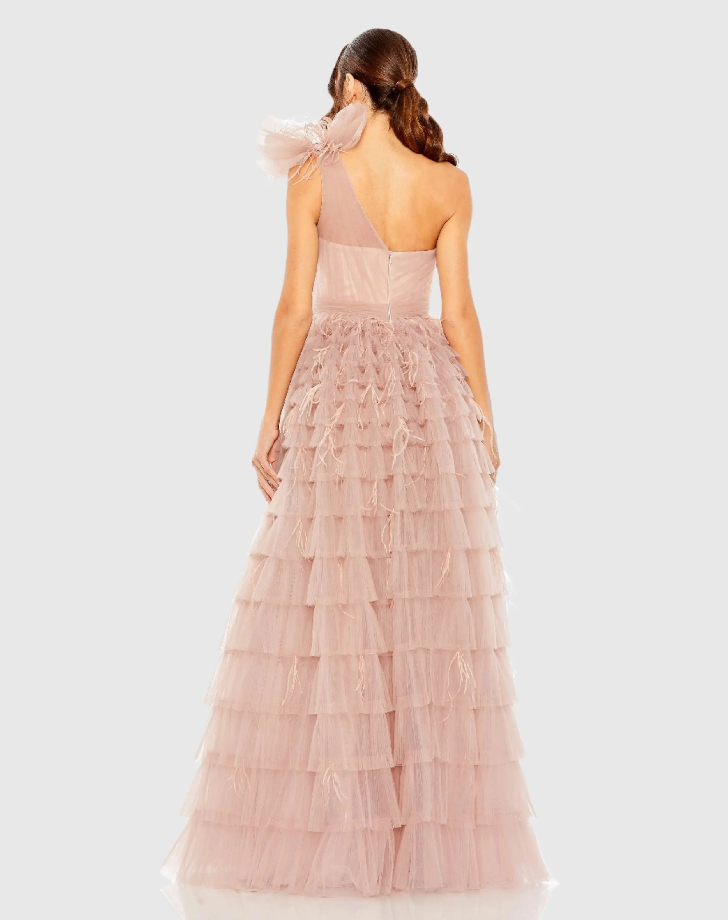 Pink One Shoulder Faux Bow Feather Tiered A Line Gown - FINAL SALE-Myartka
