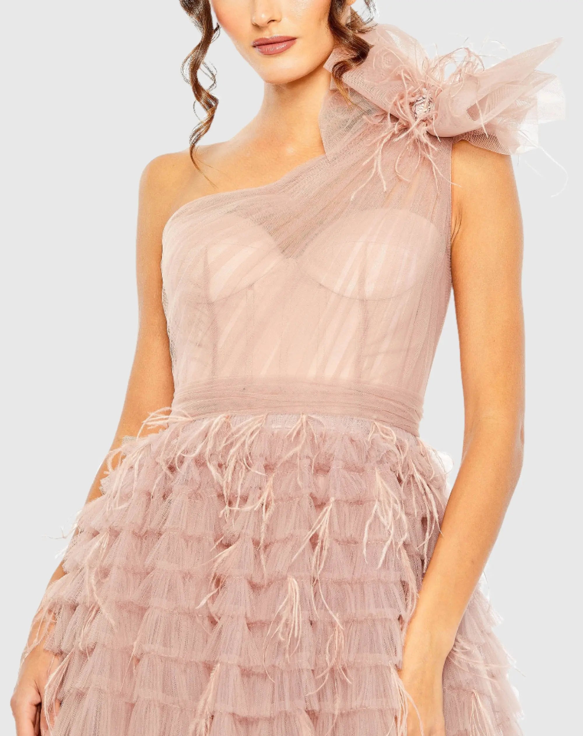 Pink One Shoulder Faux Bow Feather Tiered A Line Gown - FINAL SALE-Myartka