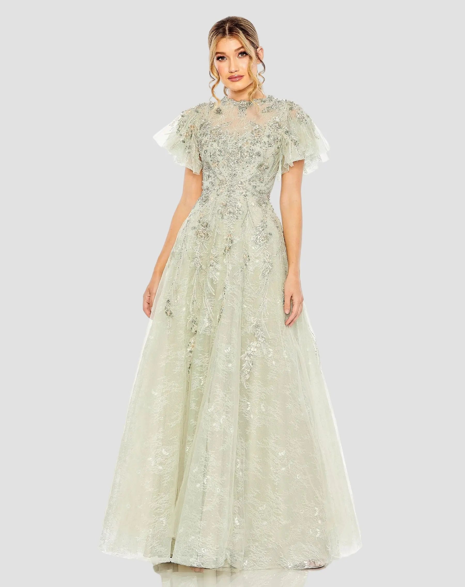 Green Embroidered Tulle Flutter Sleeve A-line Gown-Myartka