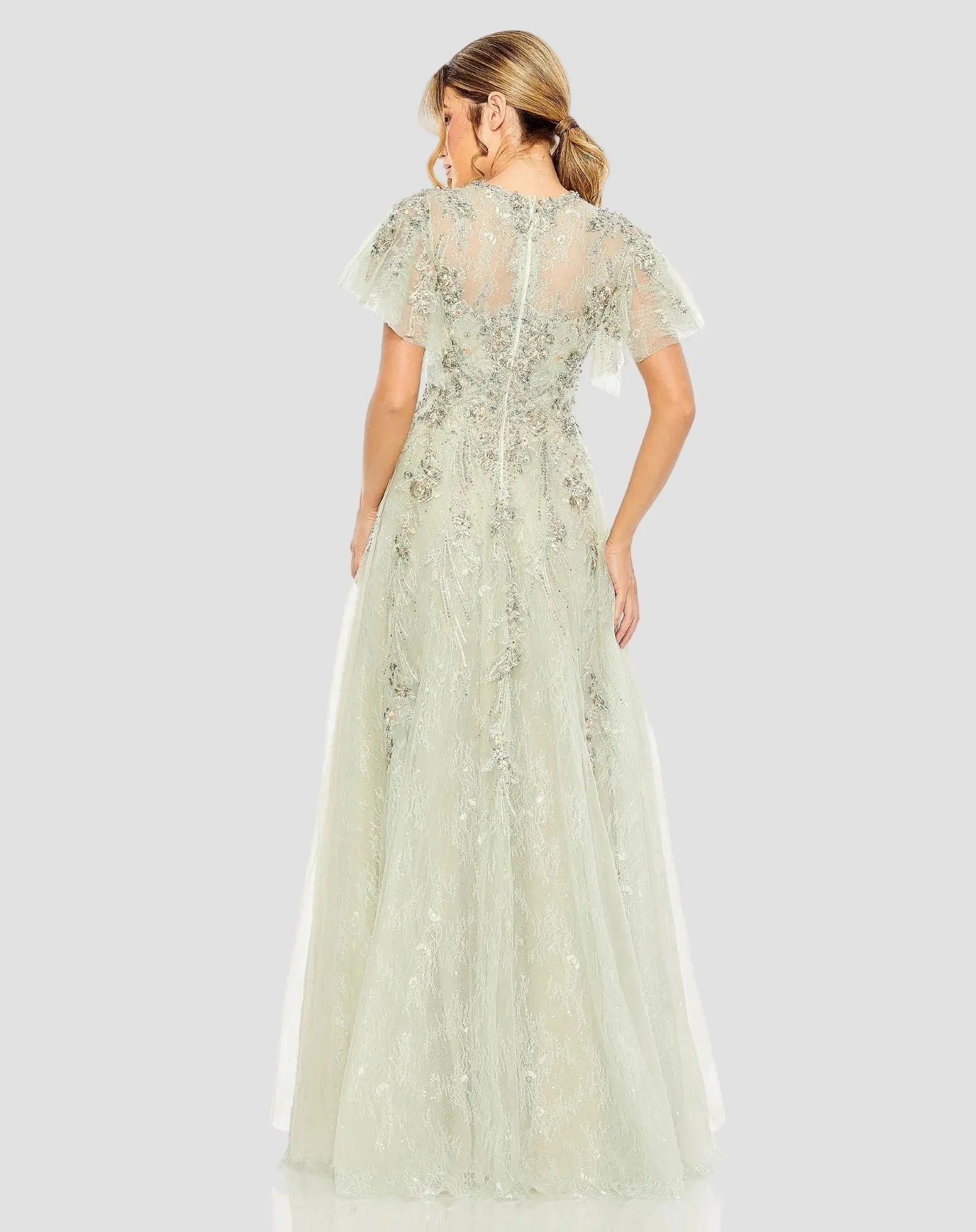 Green Embroidered Tulle Flutter Sleeve A-line Gown-Myartka