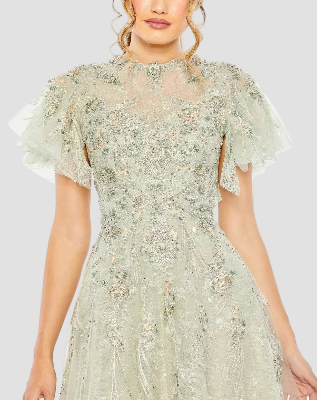 Green Embroidered Tulle Flutter Sleeve A-line Gown-Myartka