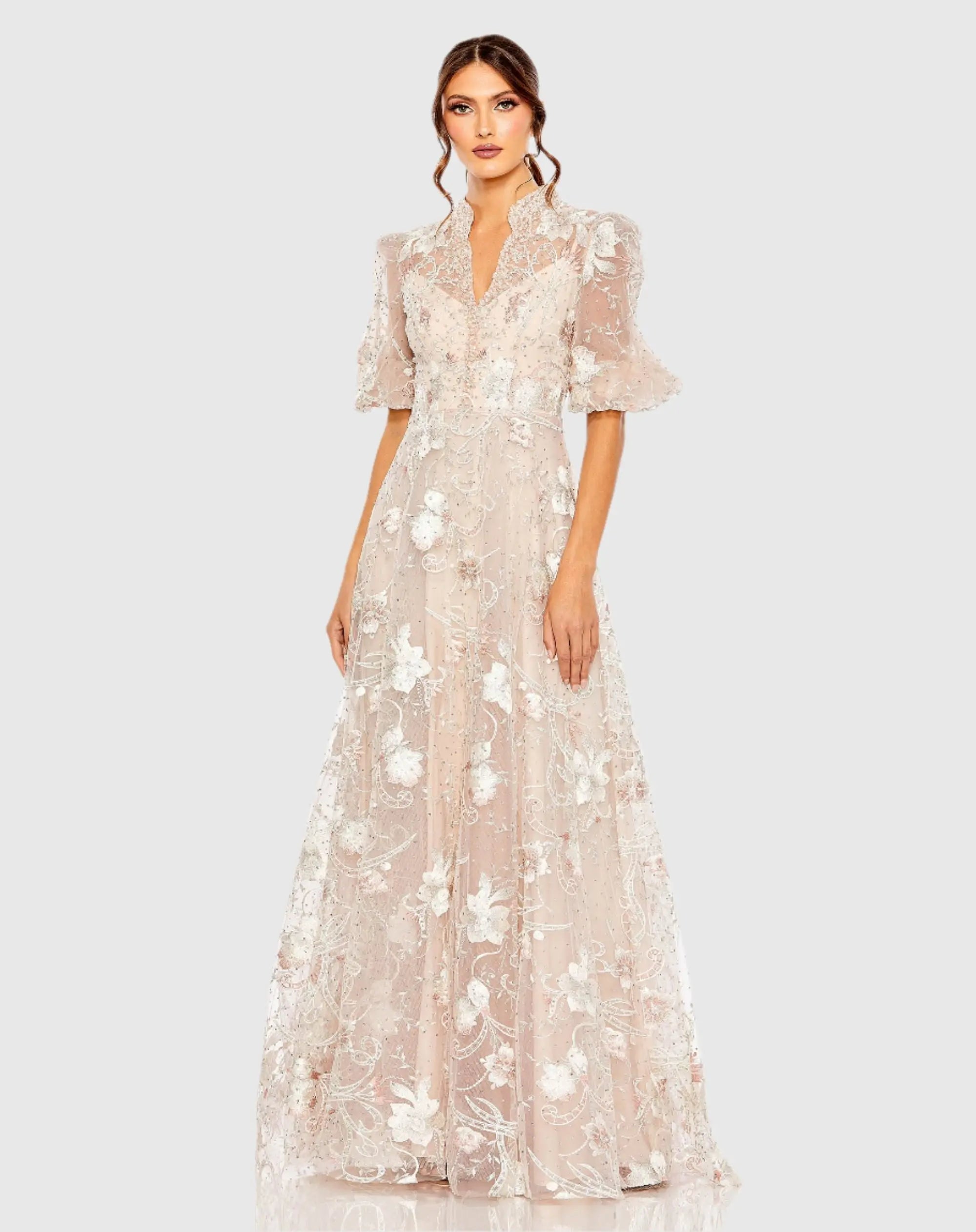 Pink Queen Anne Puff Sleeve Embroidered A-Line Gown-Myartka