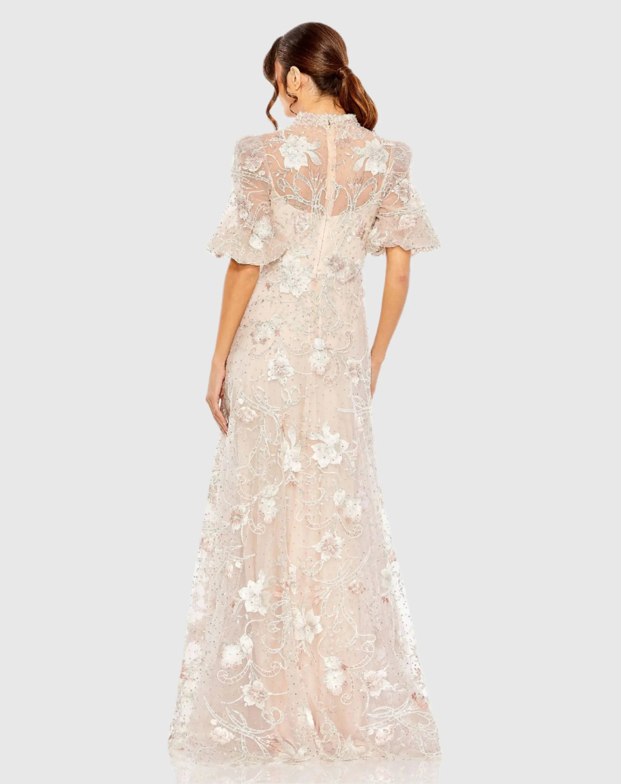 Pink Queen Anne Puff Sleeve Embroidered A-Line Gown-Myartka