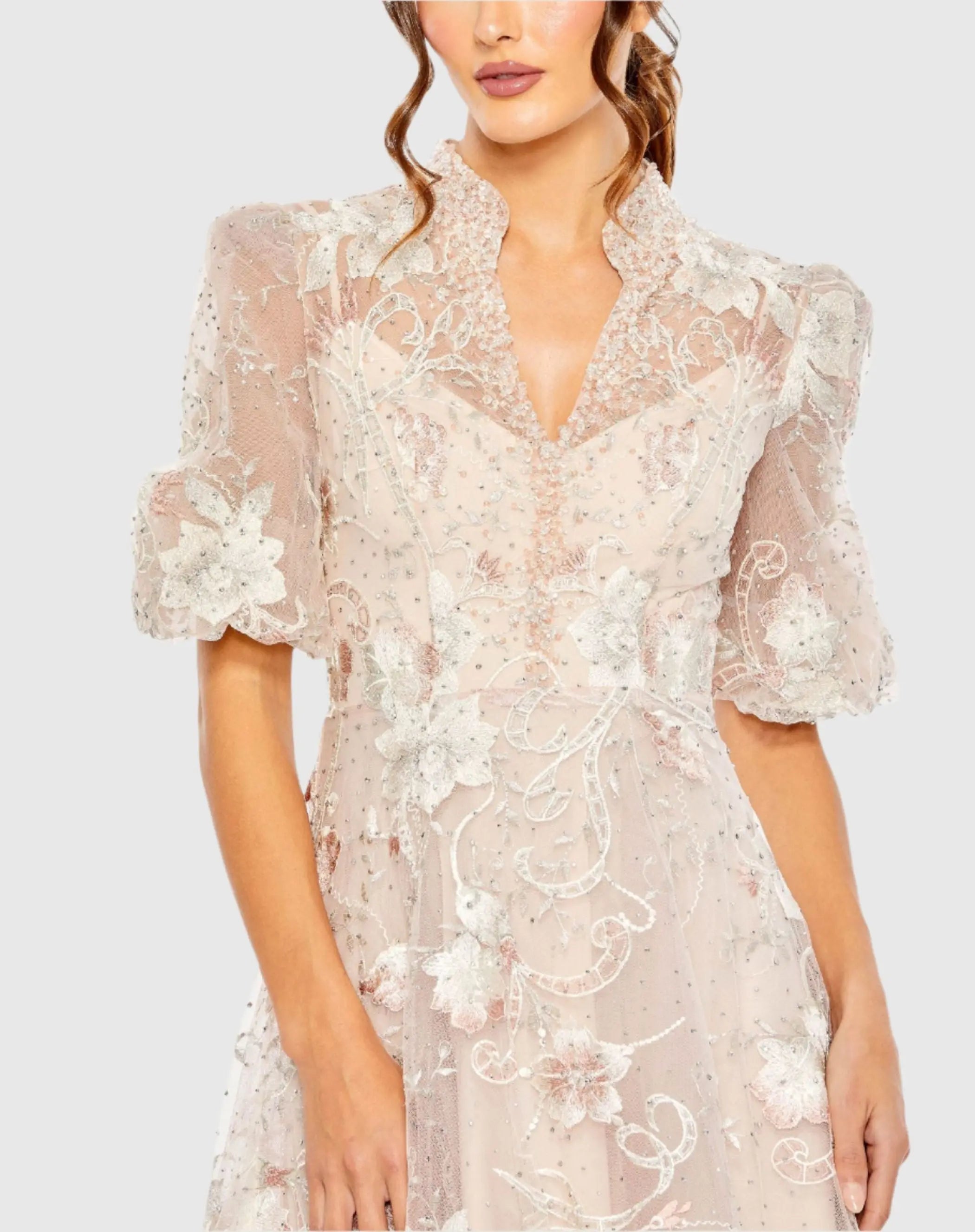 Pink Queen Anne Puff Sleeve Embroidered A-Line Gown-Myartka