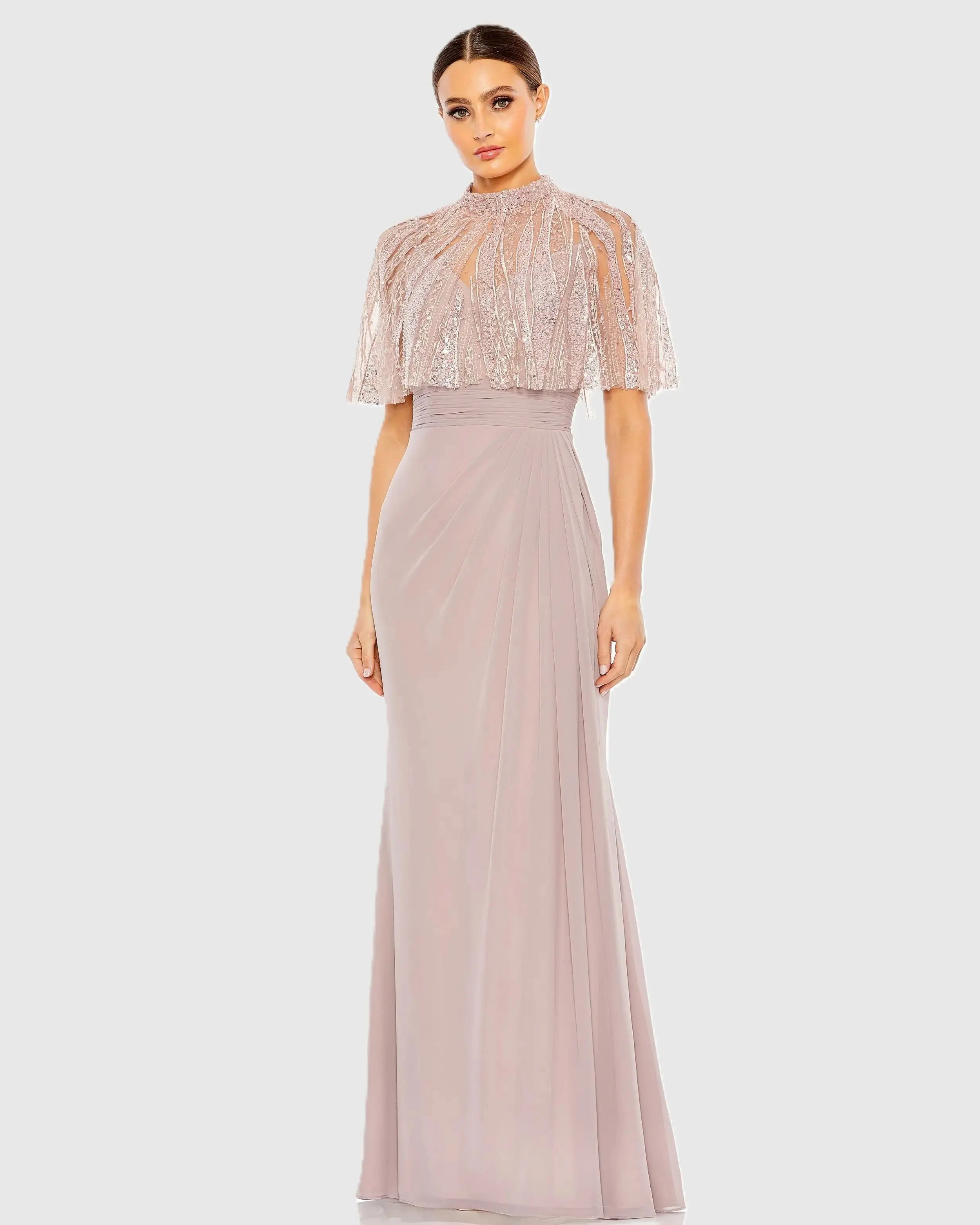 Sleeveless Gown With Embellished Cape-Myartka