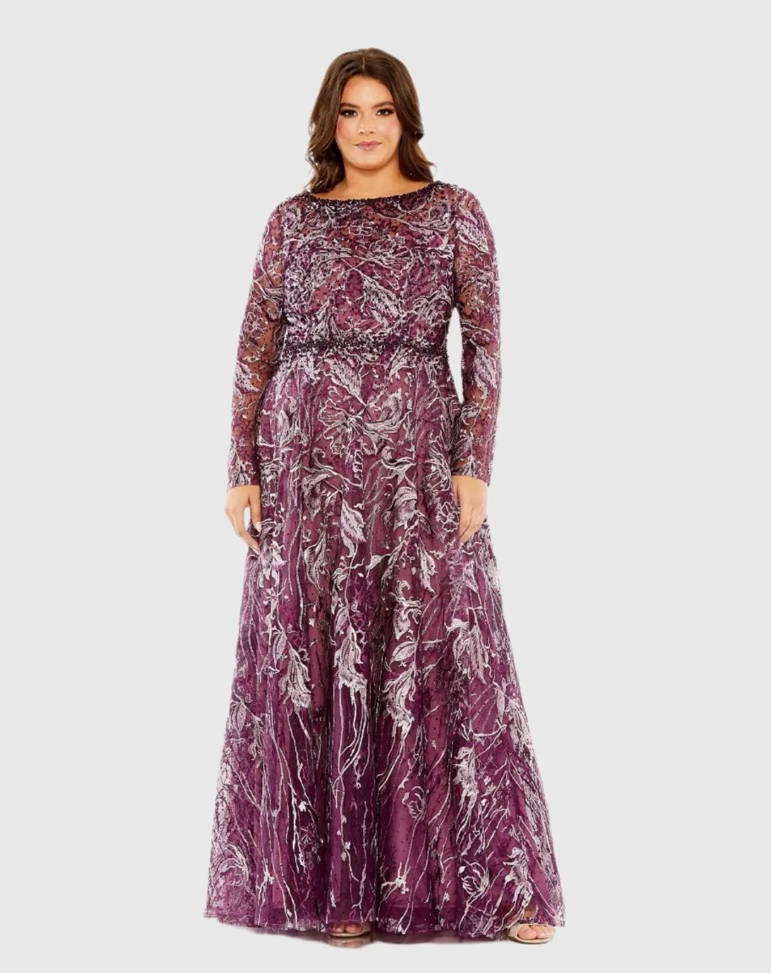 Purple Long Sleeve High Neck Embroidered Gown-Myartka