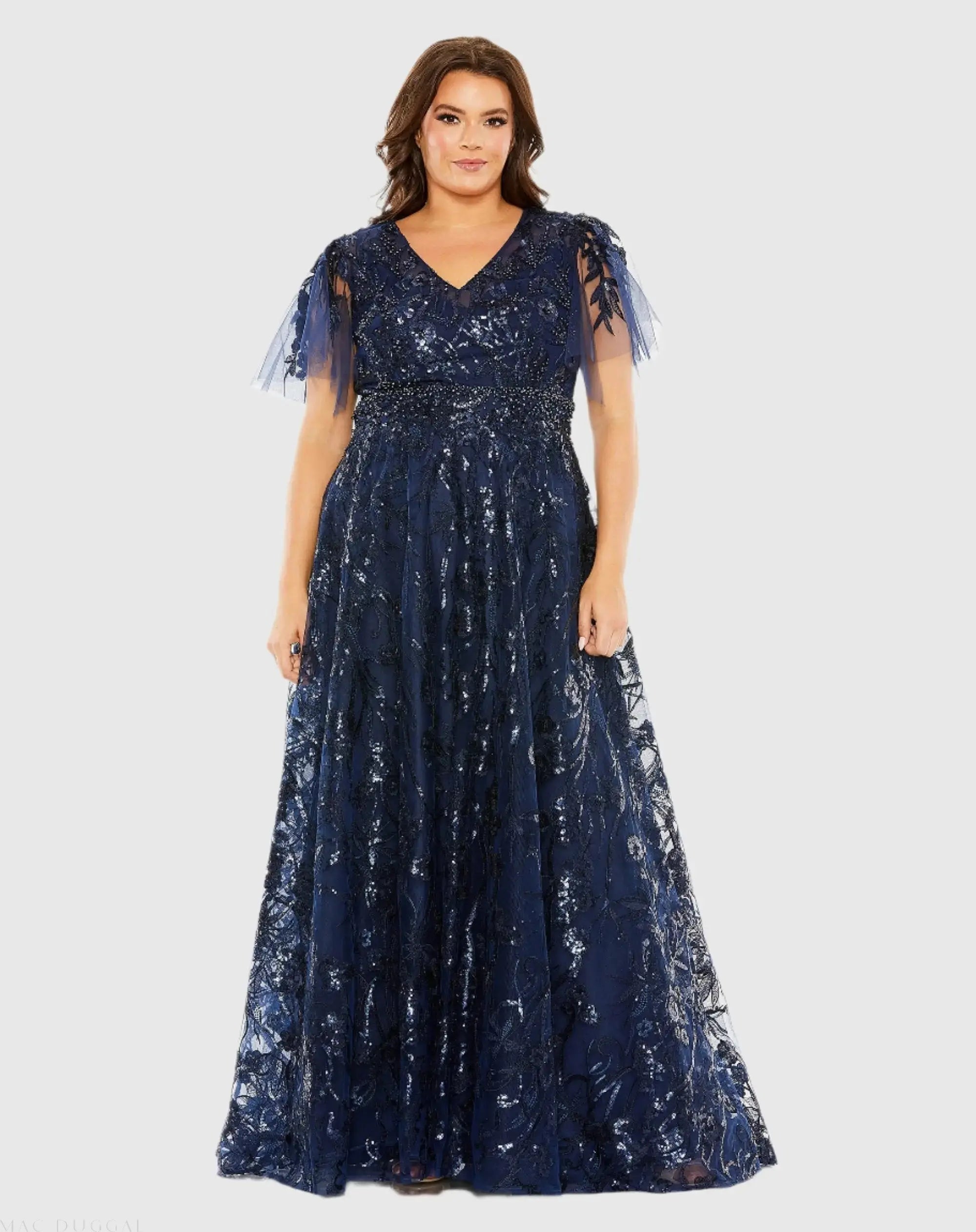 High Neck Flutter Sleeve Embellished A-Line Gown-Myartka