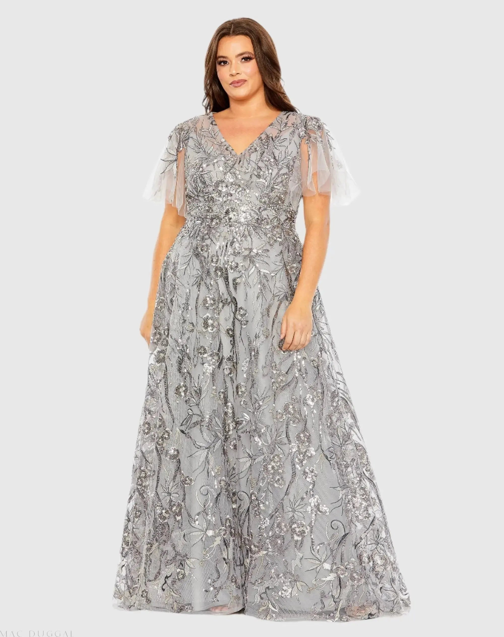 High Neck Flutter Sleeve Embellished A-Line Gown-Myartka