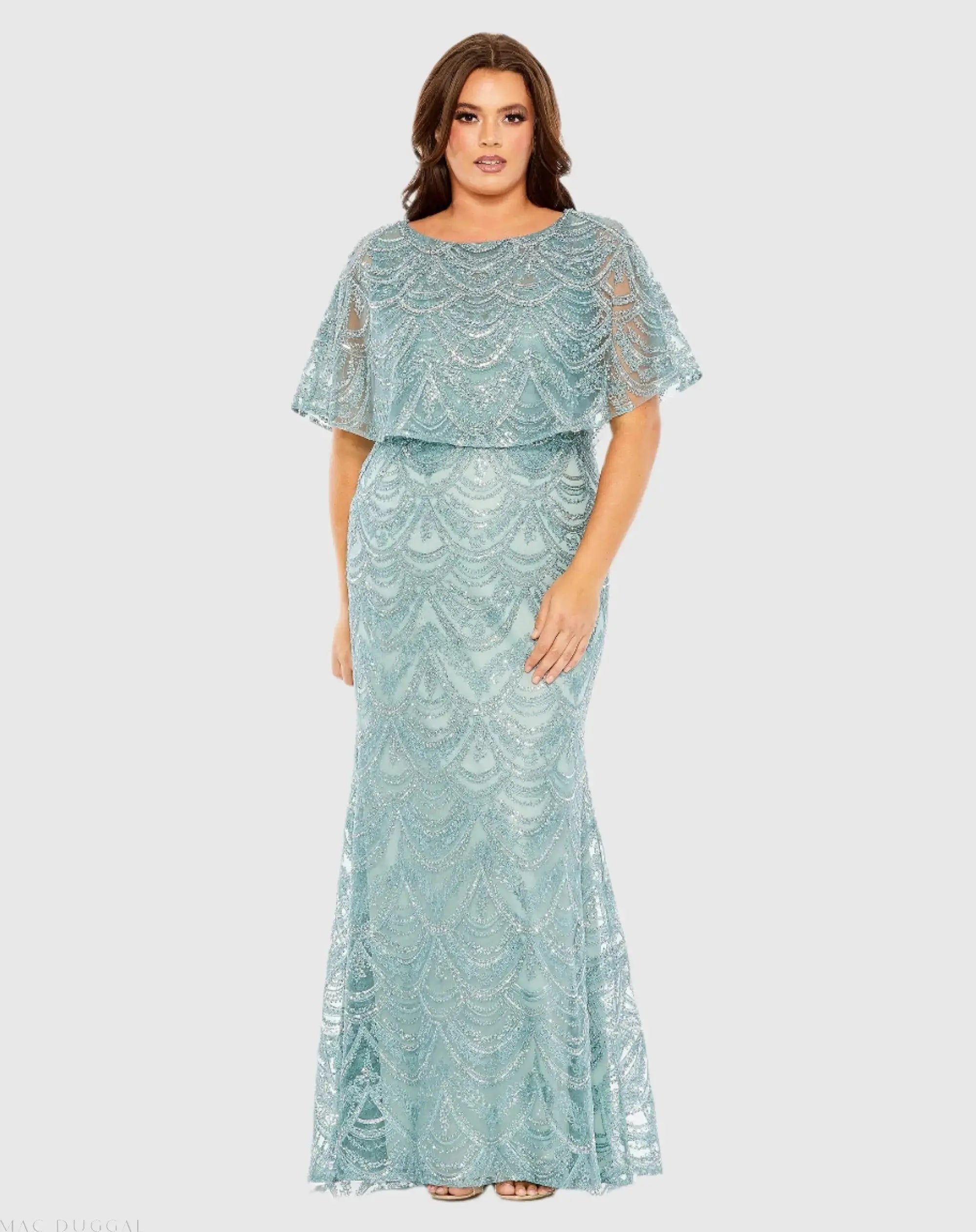 High Neck Embellished Column Dress With Cape (Plus)-Myartka