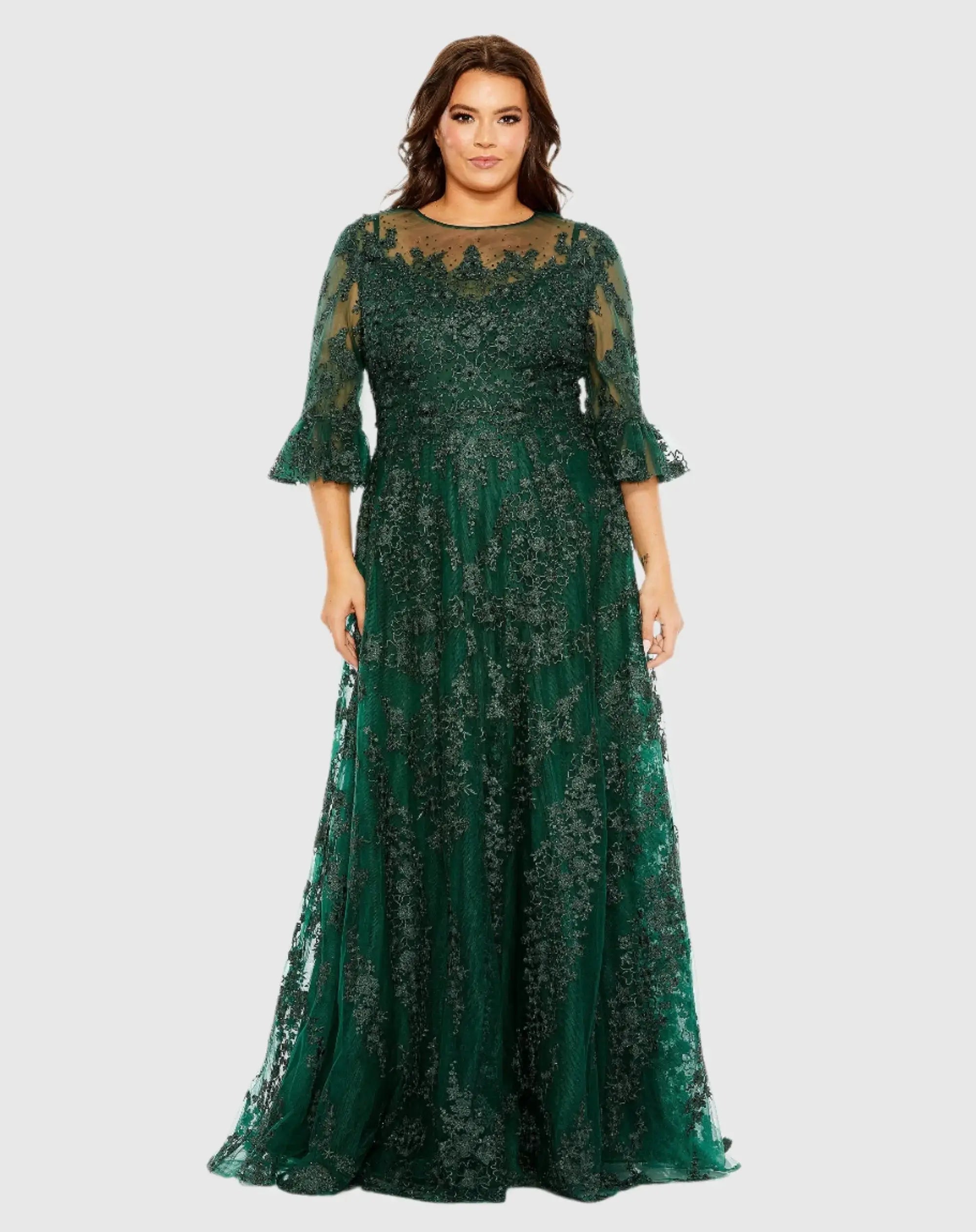 Green High Neck Flutter Sleeve Embroidered A Line Gown (Plus)-Myartka