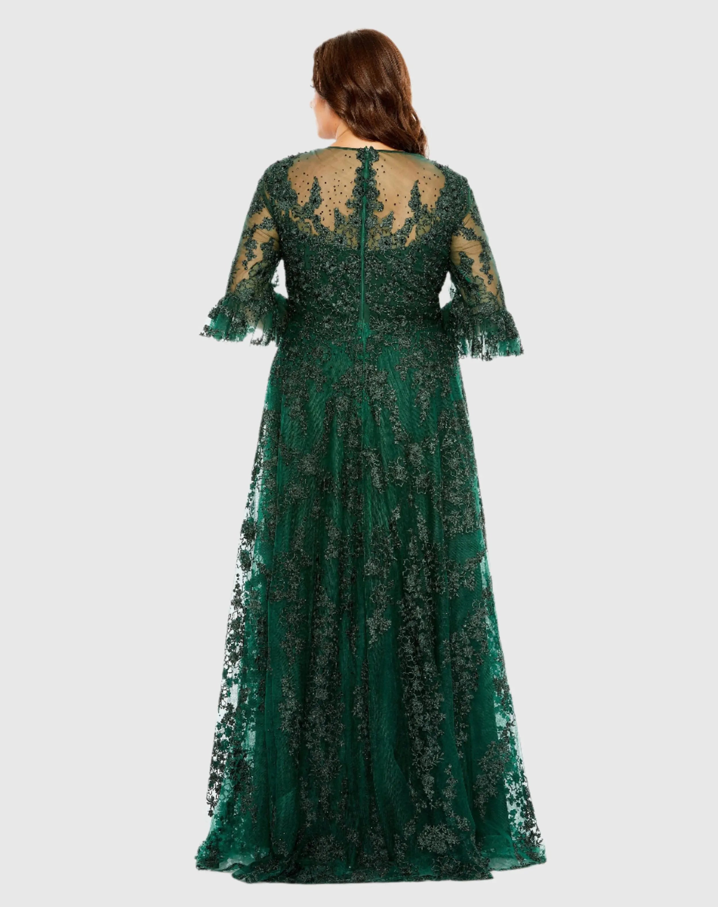 Green High Neck Flutter Sleeve Embroidered A Line Gown (Plus)-Myartka