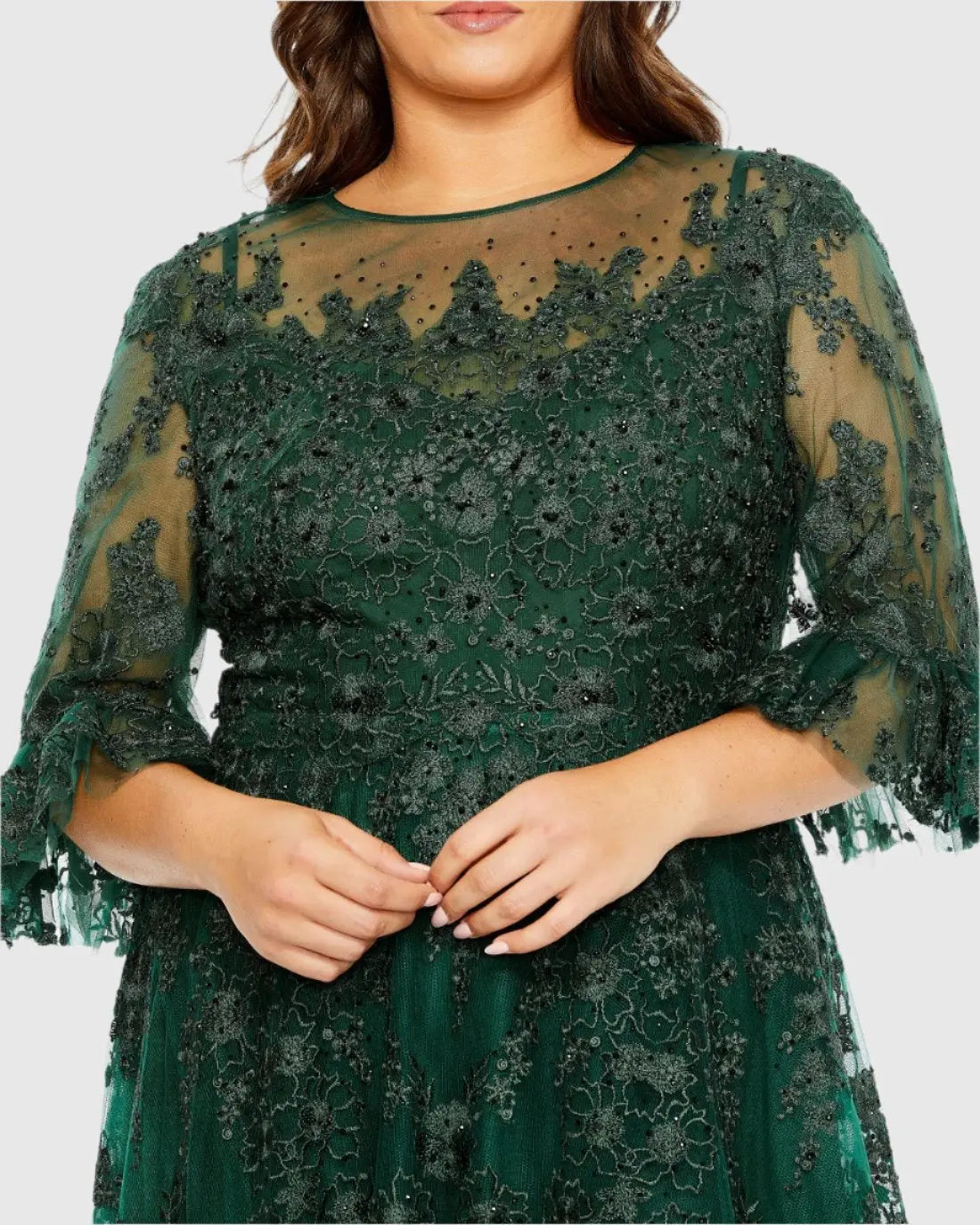 Green High Neck Flutter Sleeve Embroidered A Line Gown (Plus)-Myartka