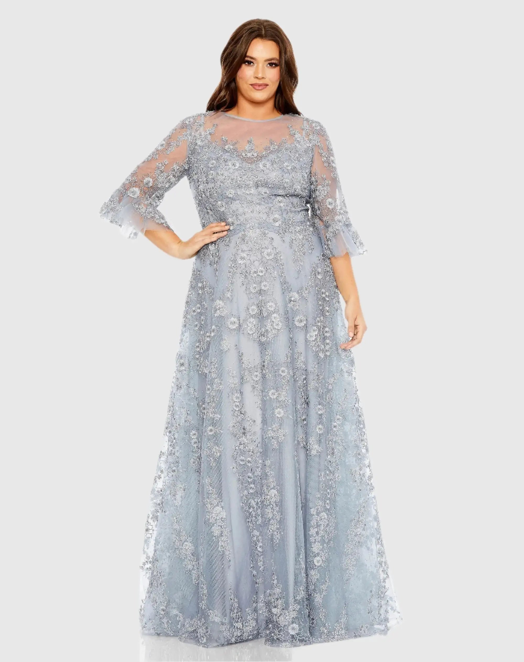 Blue High Neck Flutter Sleeve Embroidered A Line Gown (Plus)-Myartka