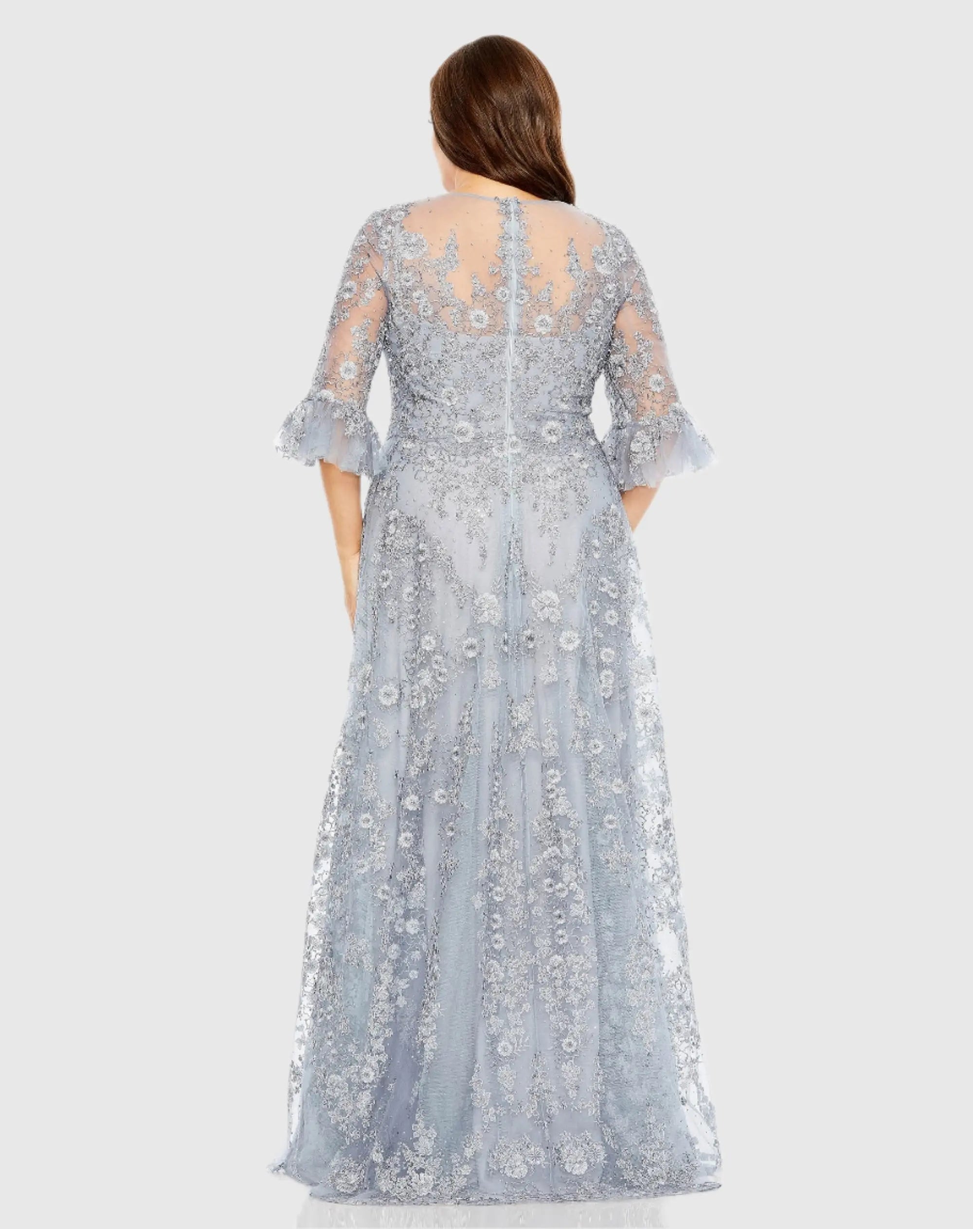 Blue High Neck Flutter Sleeve Embroidered A Line Gown (Plus)-Myartka