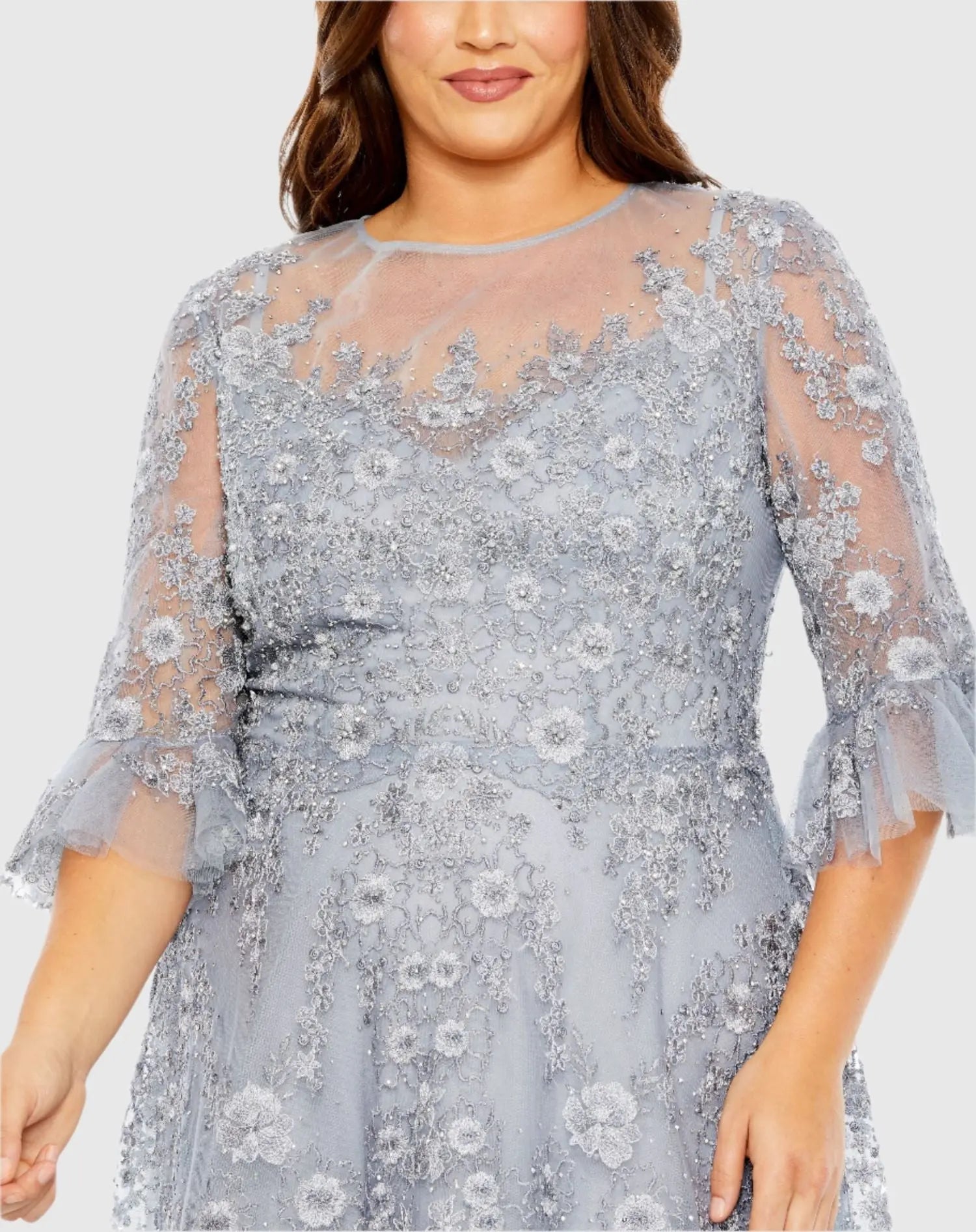 Blue High Neck Flutter Sleeve Embroidered A Line Gown (Plus)-Myartka