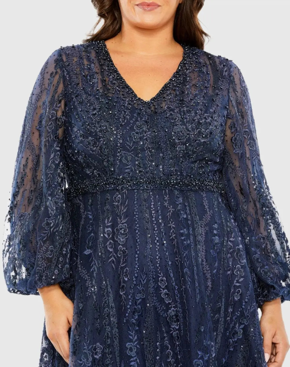 Navy V Neck Puff Sleeve Embroidered A Line Gown (Plus)-Myartka
