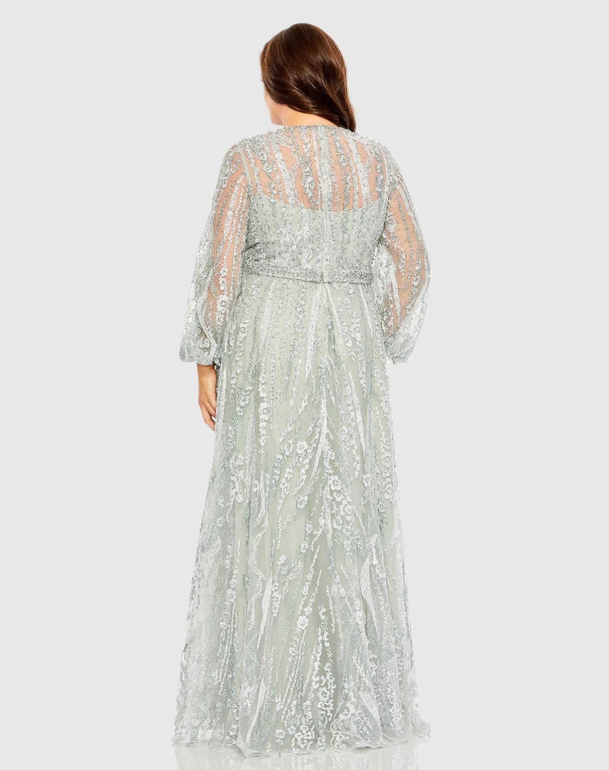 Green V Neck Puff Sleeve Embroidered A Line Gown (Plus)-Myartka