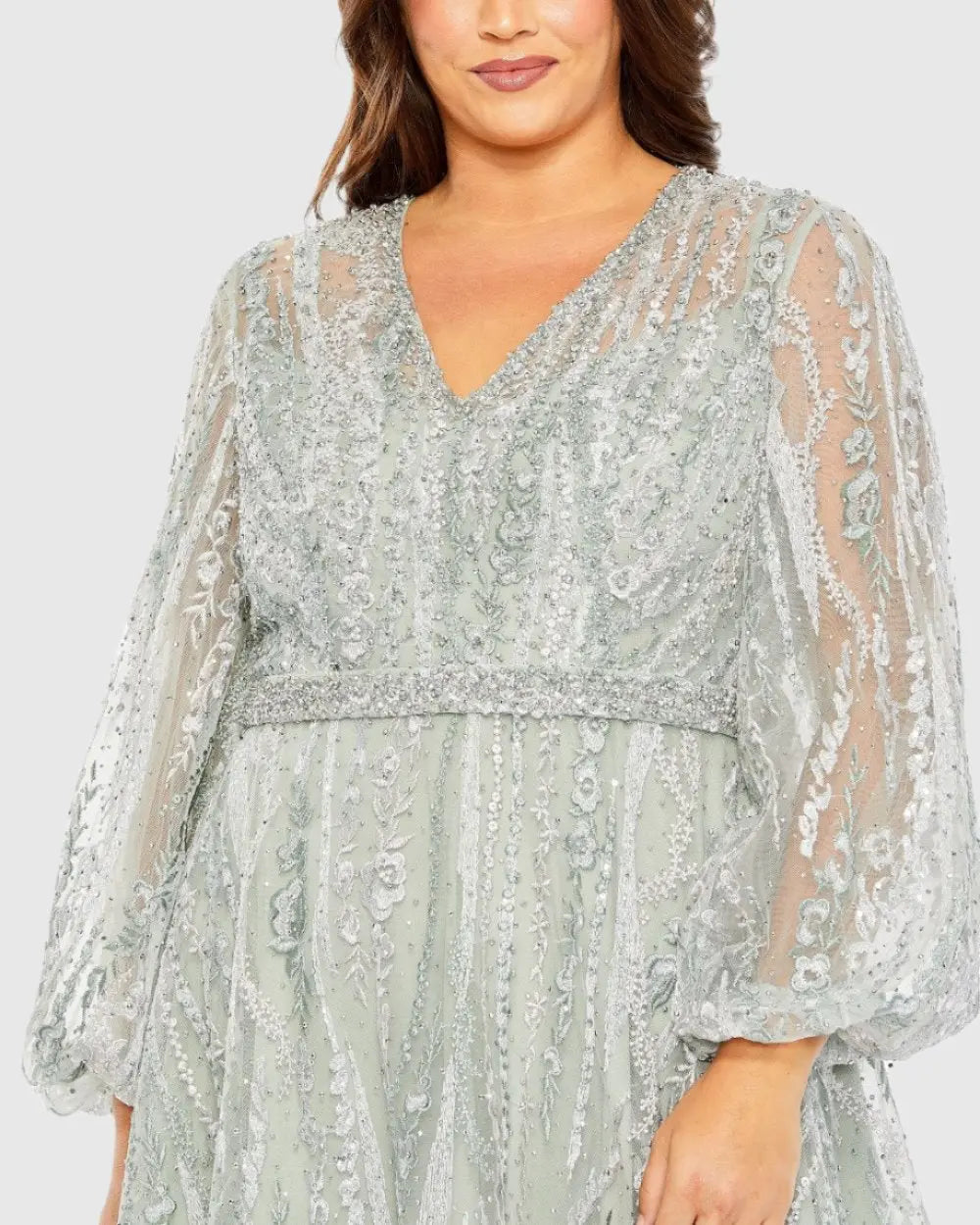 Green V Neck Puff Sleeve Embroidered A Line Gown (Plus)-Myartka