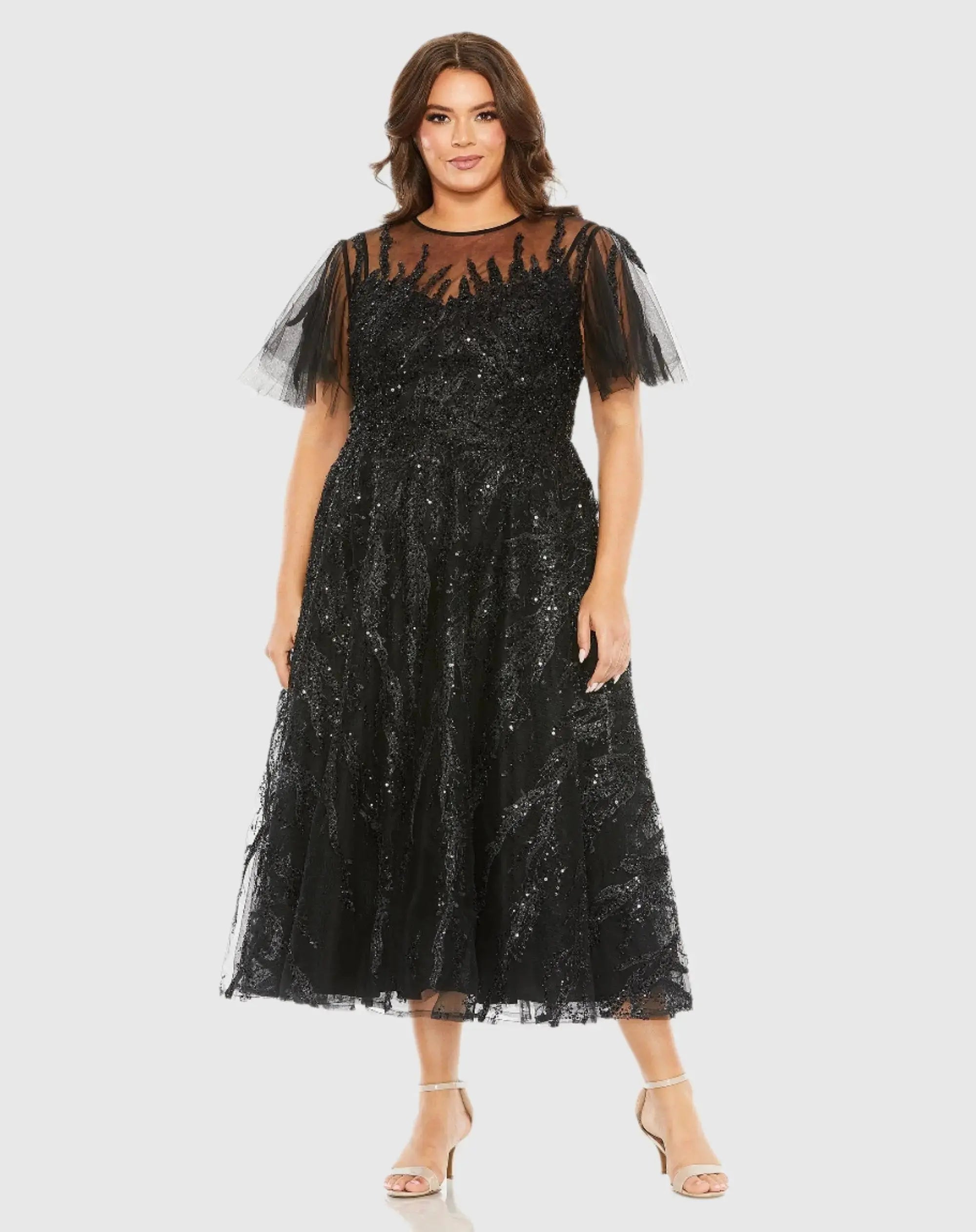 High Neck Flutter Sleeve A Line Embellished Dress-Myartka