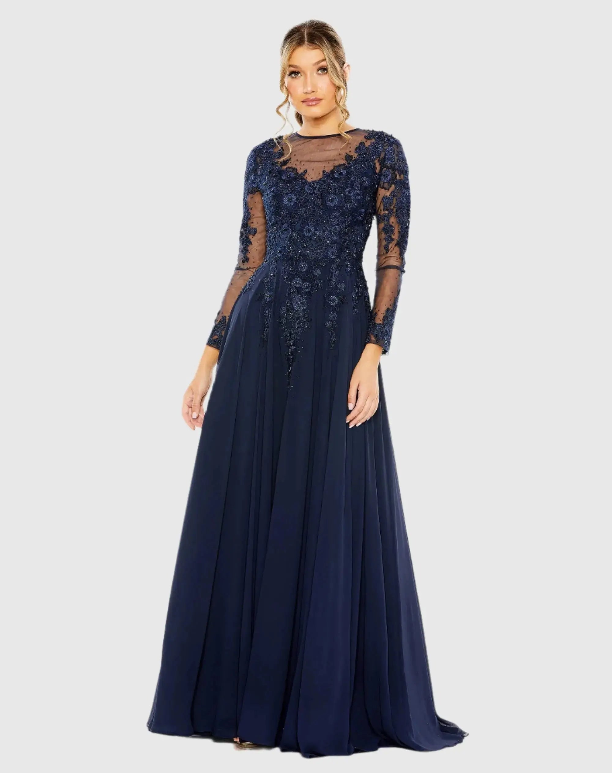 Navy High Neck Long Sleeve Embellished A-line Gown-Myartka
