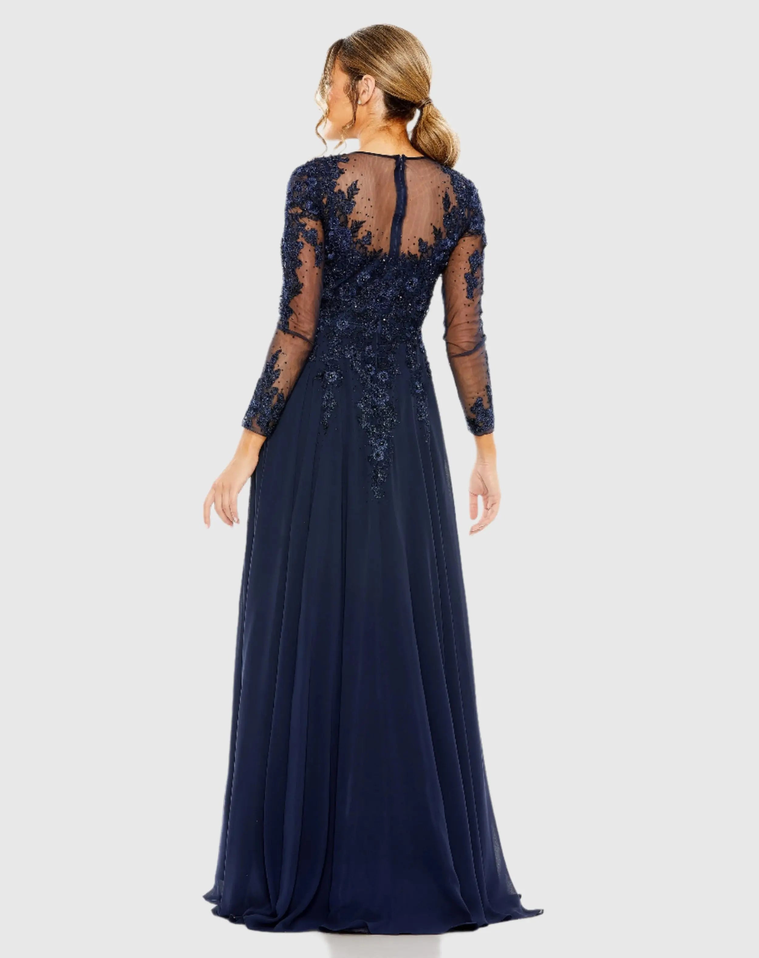 Navy High Neck Long Sleeve Embellished A-line Gown-Myartka