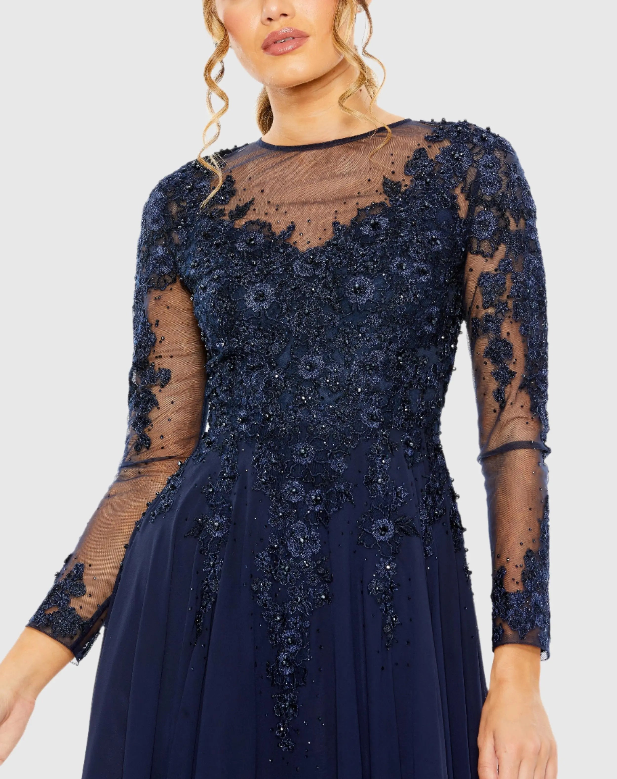 Navy High Neck Long Sleeve Embellished A-line Gown-Myartka