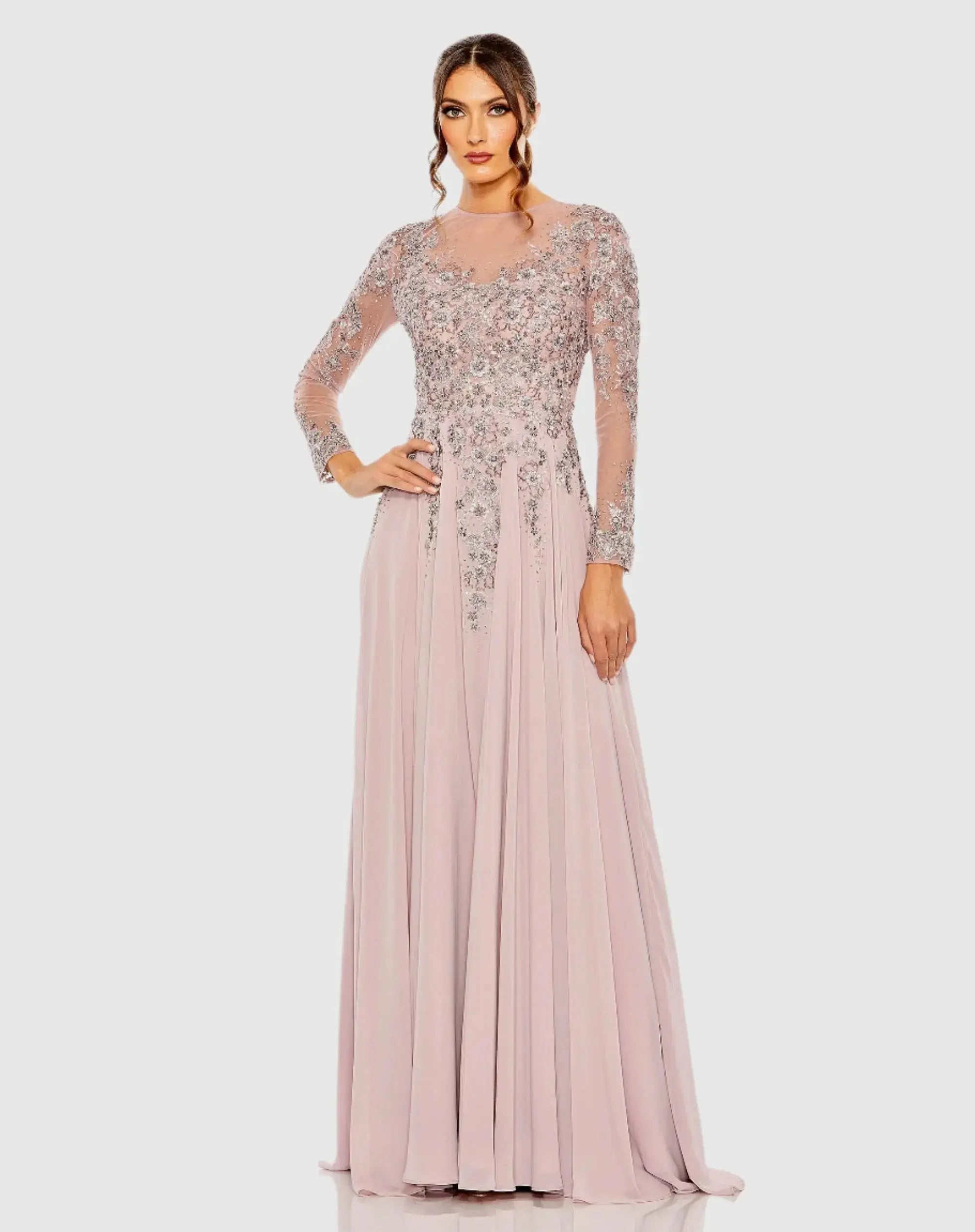 High Neck Mesh Long Sleeve Embellished A Line Gown-Myartka