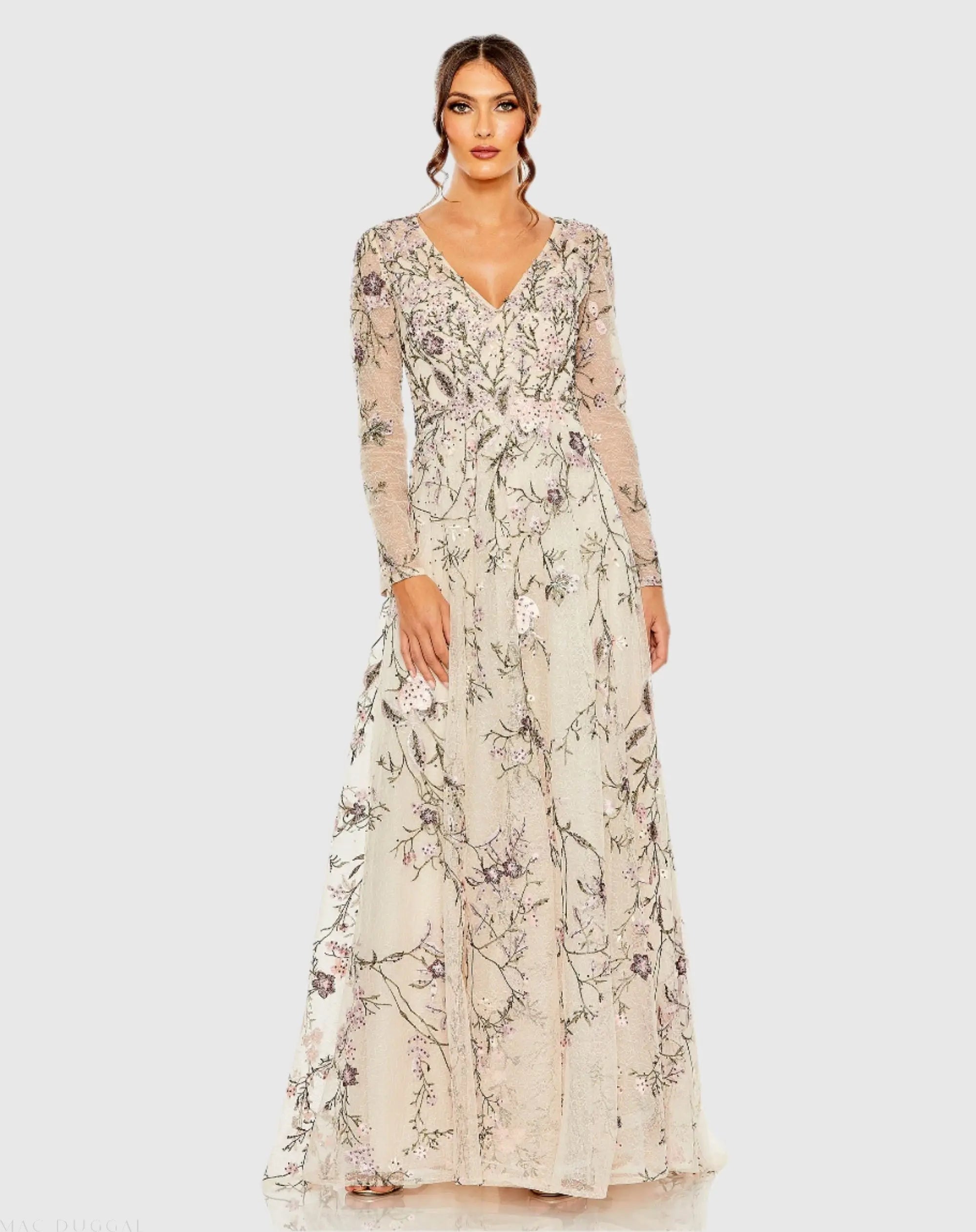 Beige V-Neck Long Sleeve Embroidered A-Line Floral Gown-Myartka