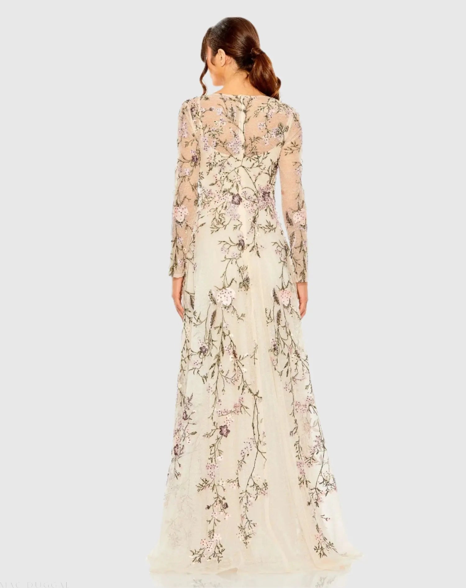 Beige V-Neck Long Sleeve Embroidered A-Line Floral Gown-Myartka