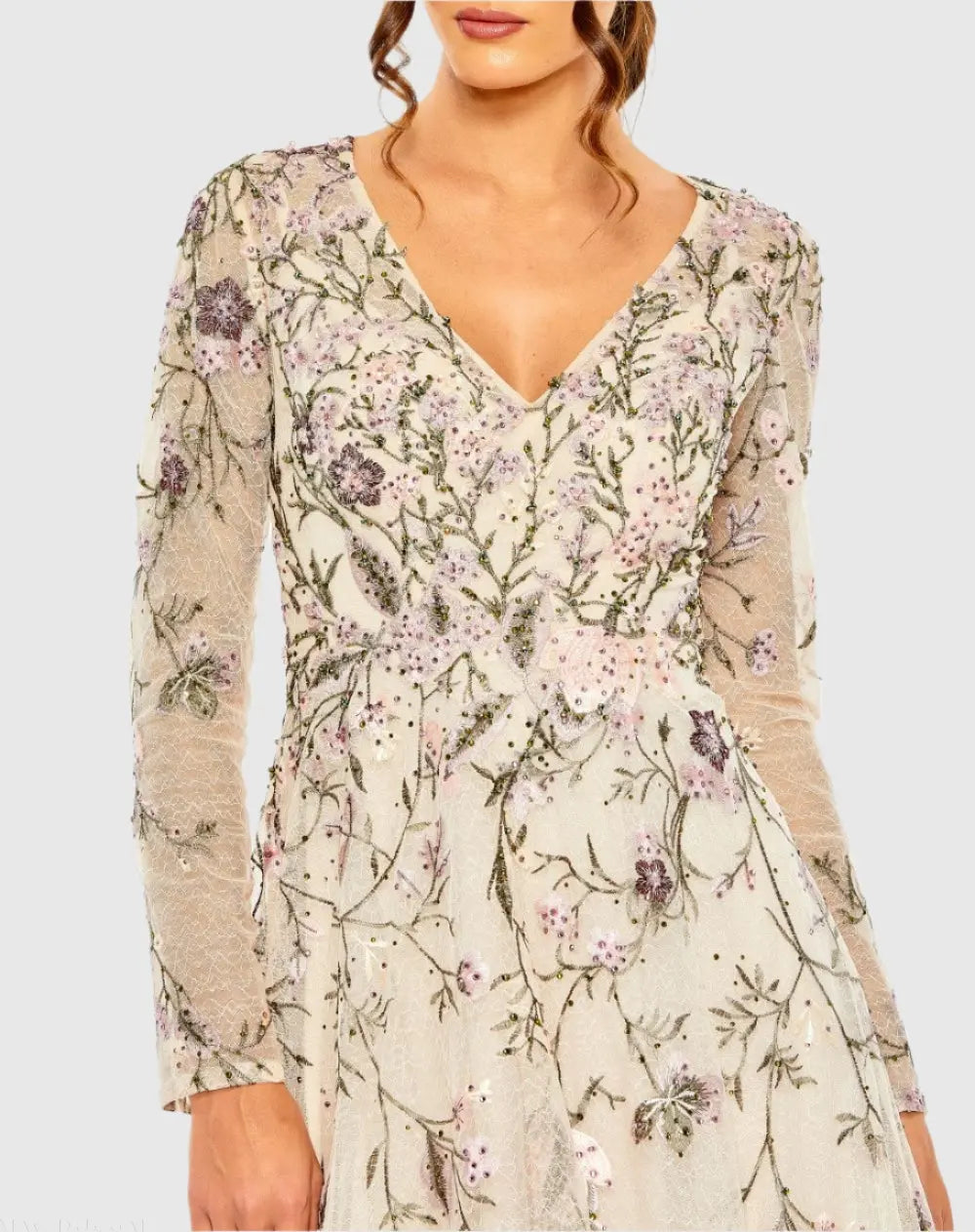 Beige V-Neck Long Sleeve Embroidered A-Line Floral Gown-Myartka