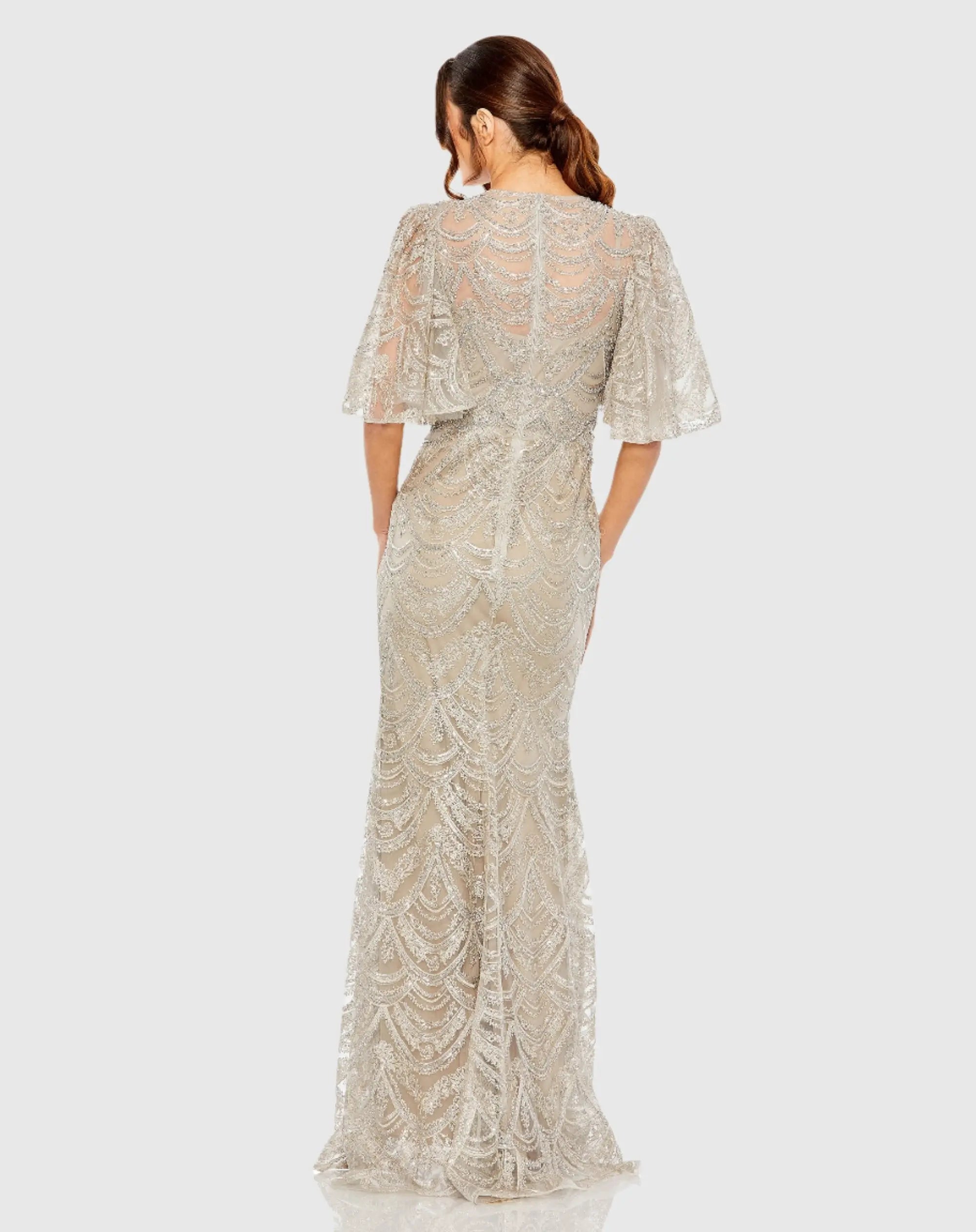 Beige and Silver Flutter Sleeve High Neck Gown-Myartka
