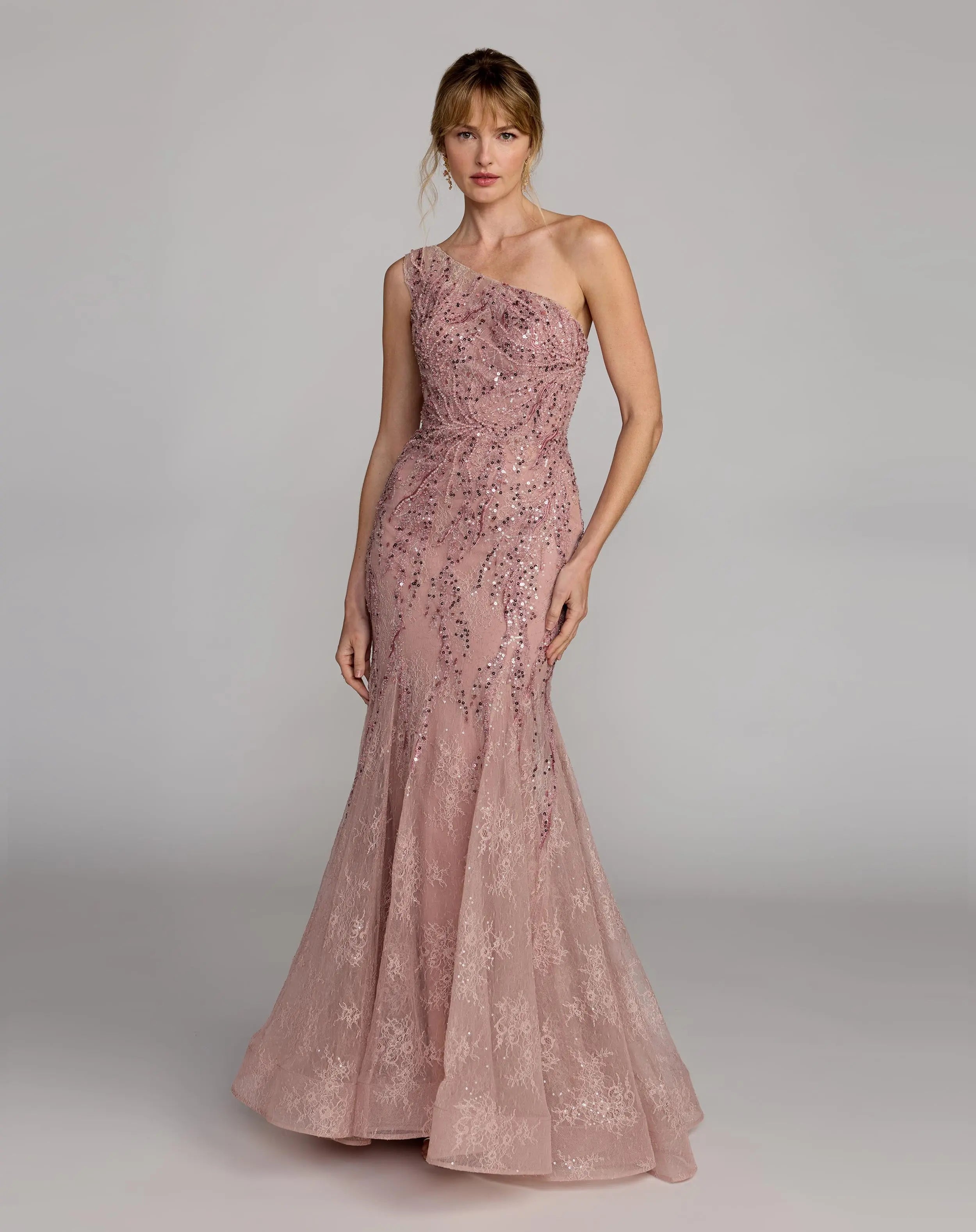 Pink Embellished Lace One Shoulder Mermaid Gown-Myartka