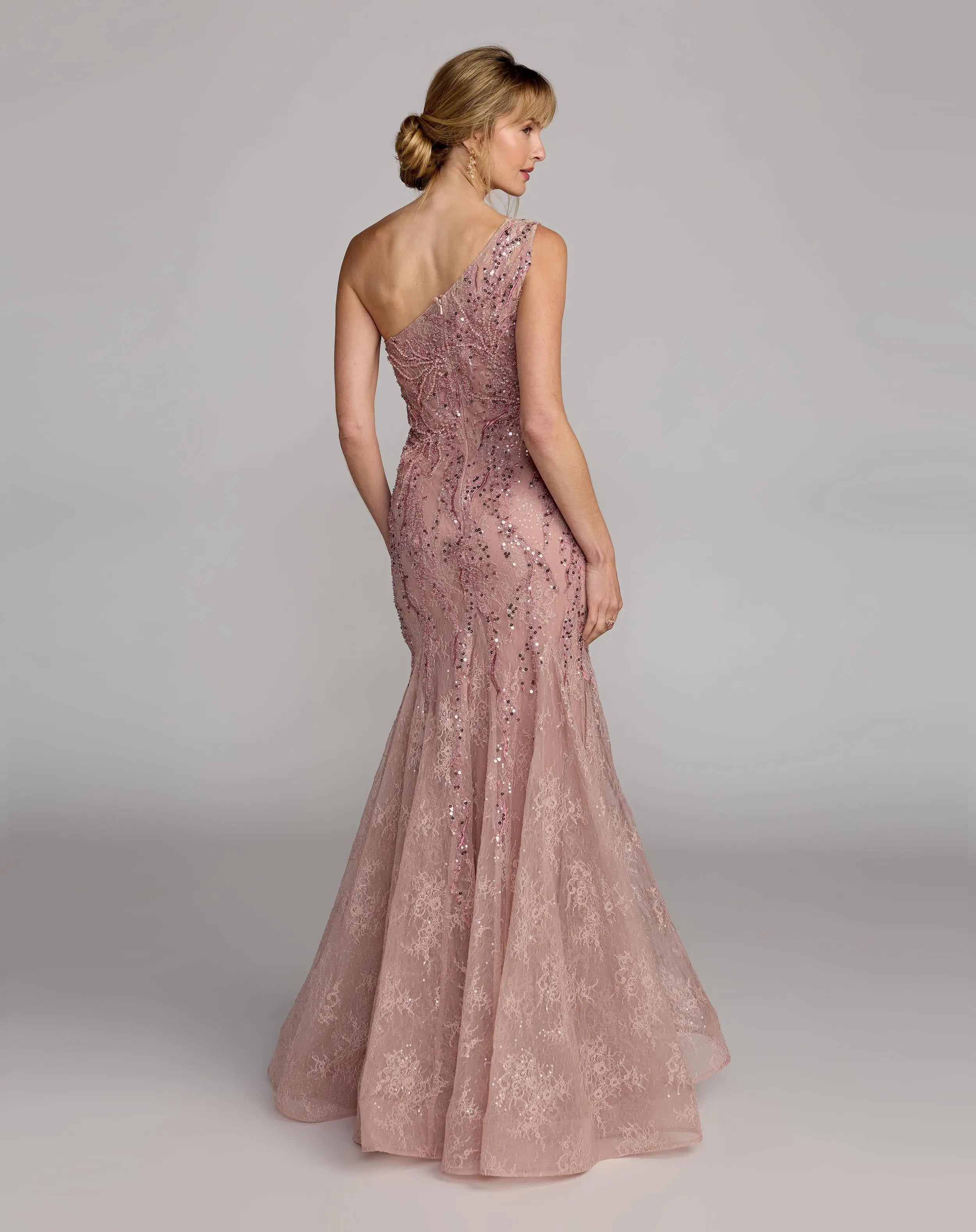Pink Embellished Lace One Shoulder Mermaid Gown-Myartka