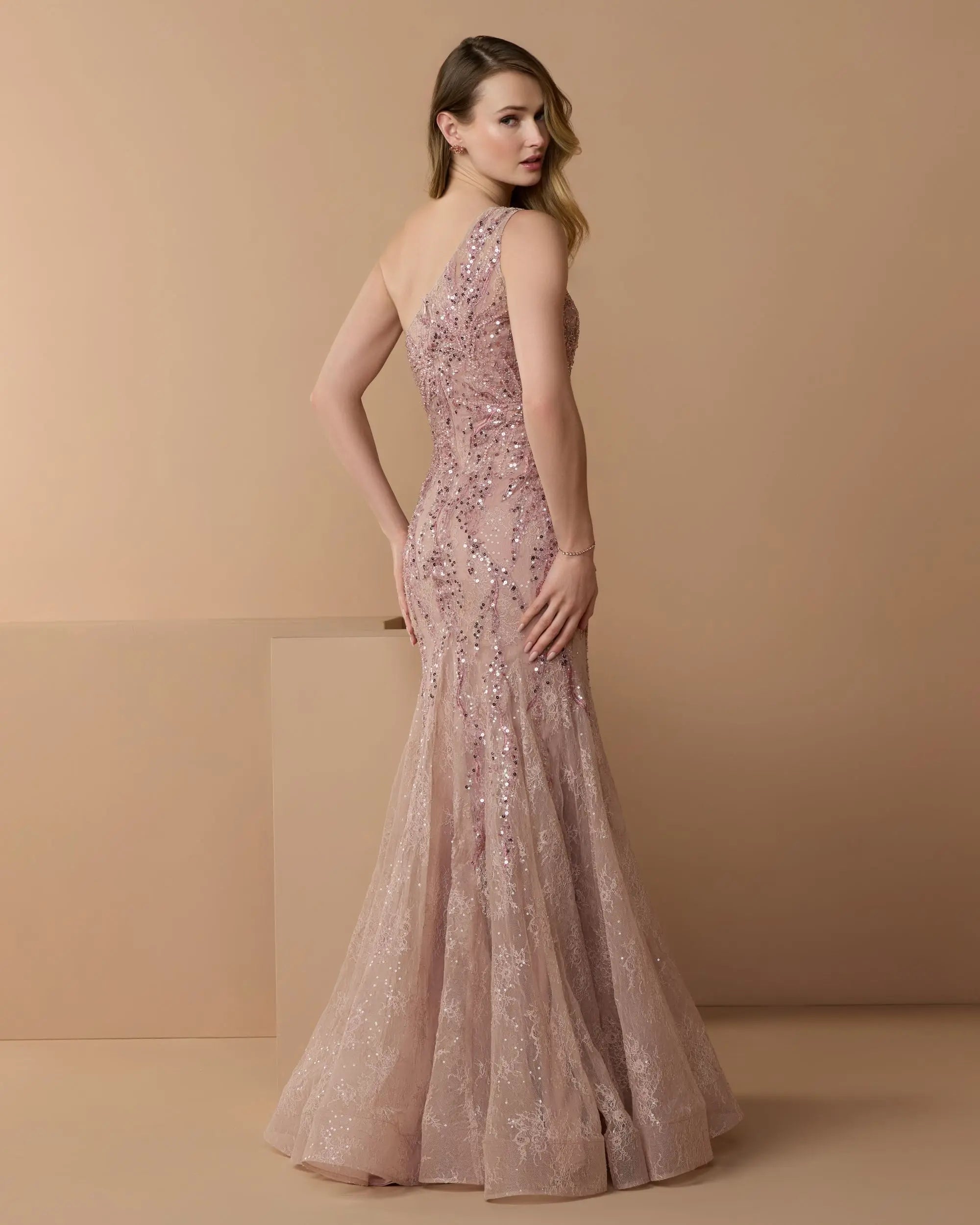 Pink Embellished Lace One Shoulder Mermaid Gown-Myartka