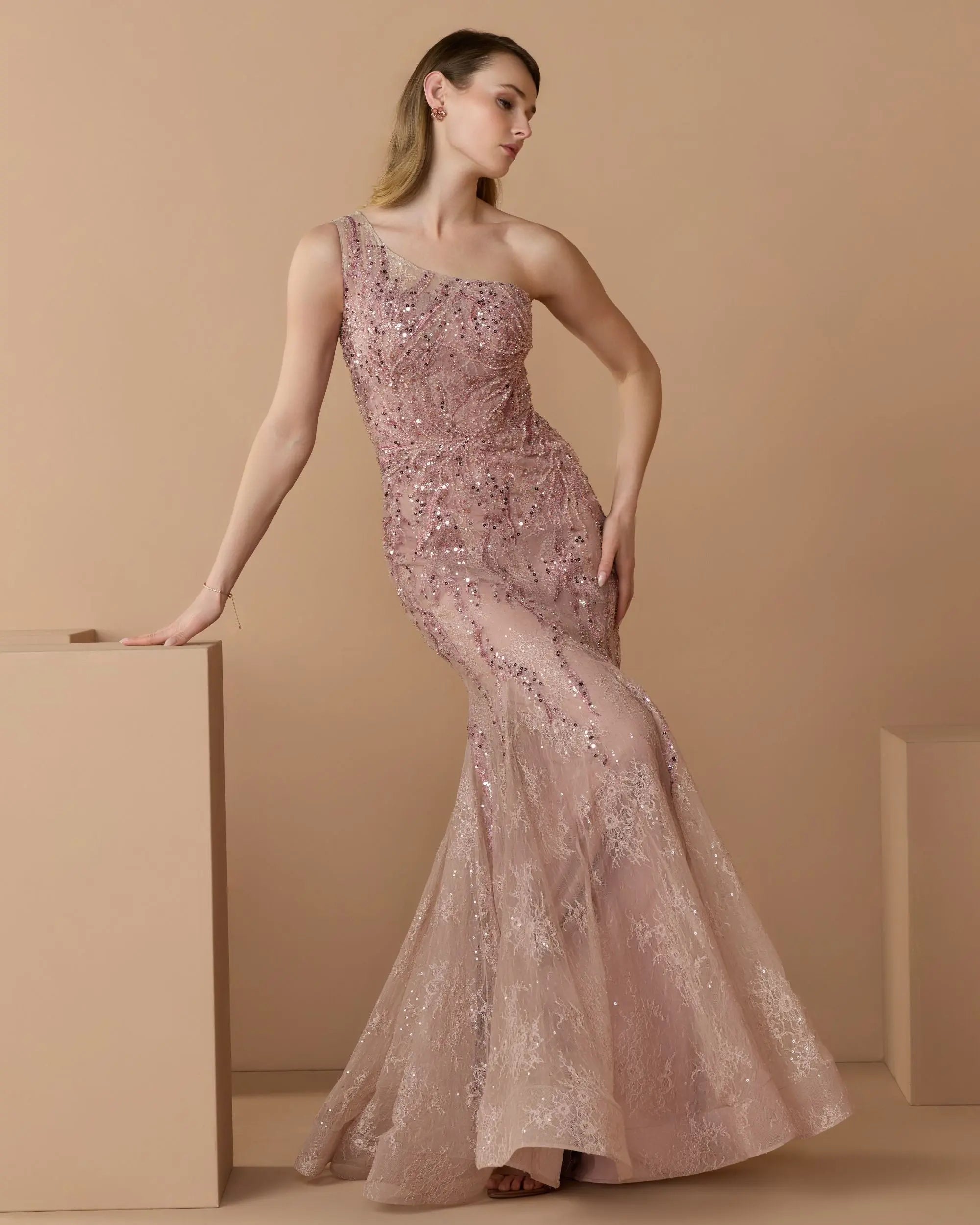 Pink Embellished Lace One Shoulder Mermaid Gown-Myartka