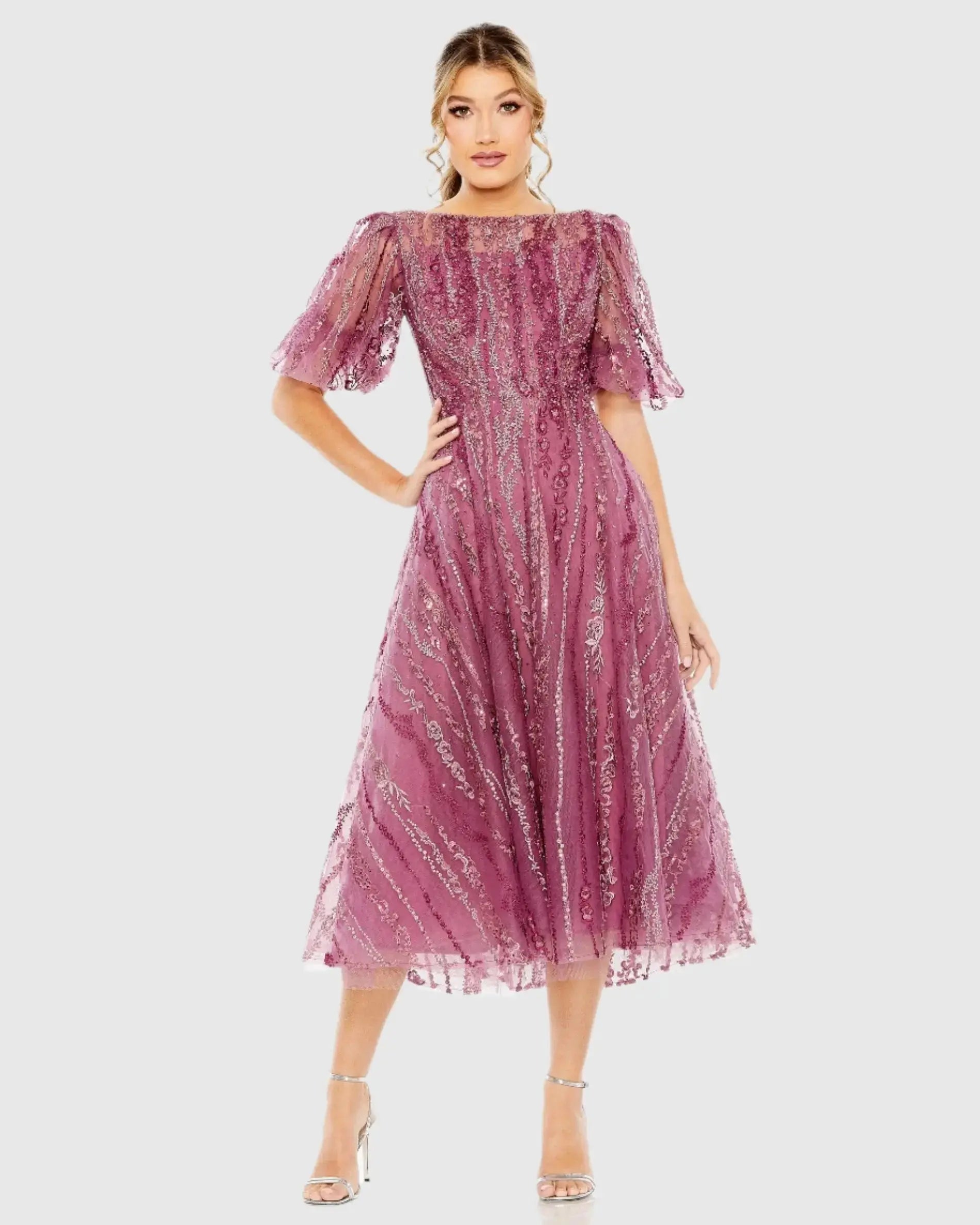 High Neck Puff Sleeve Embellished A Line Dress-Myartka