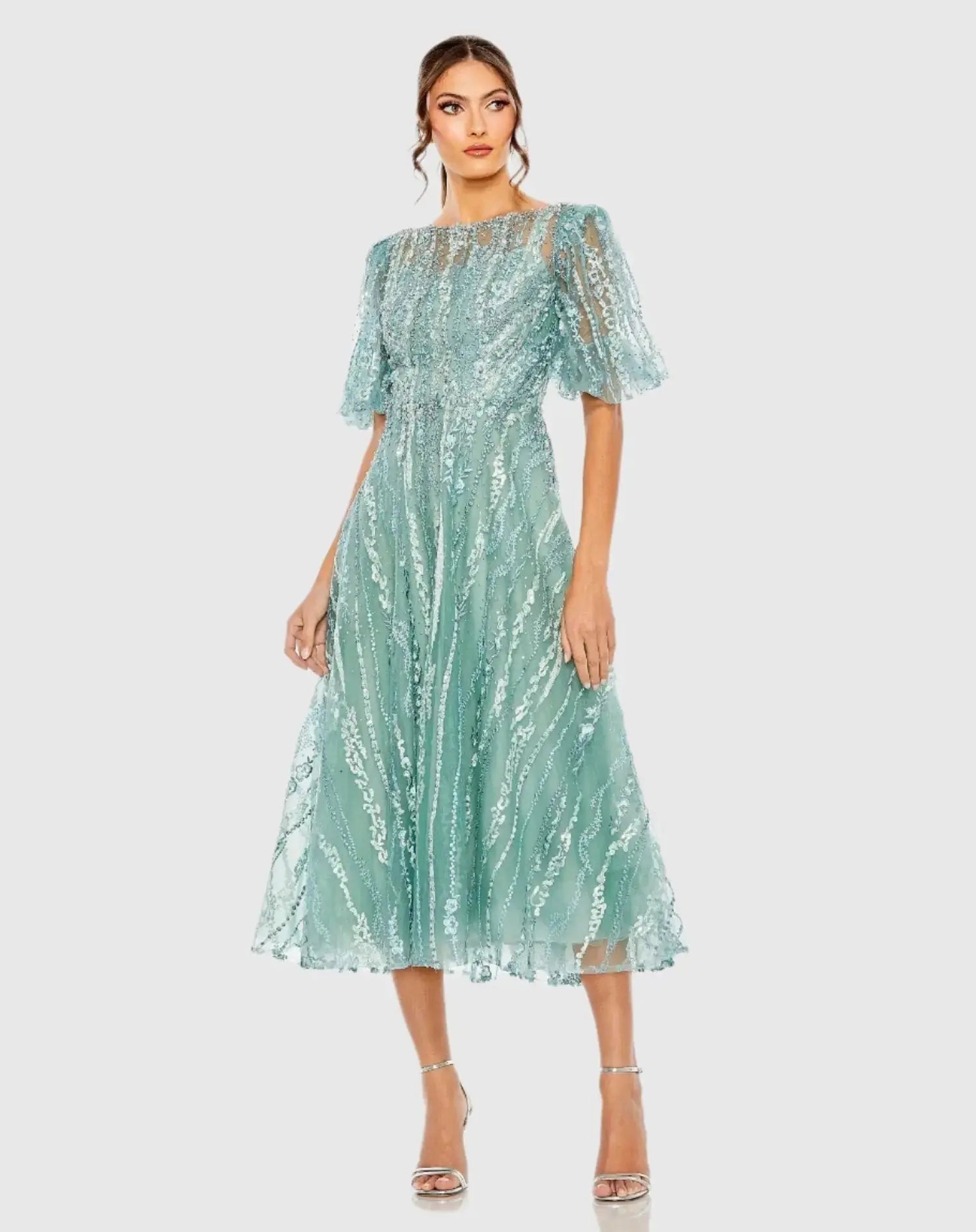 Green High Neck Puff Sleeve Embellished A Line Dress-Myartka