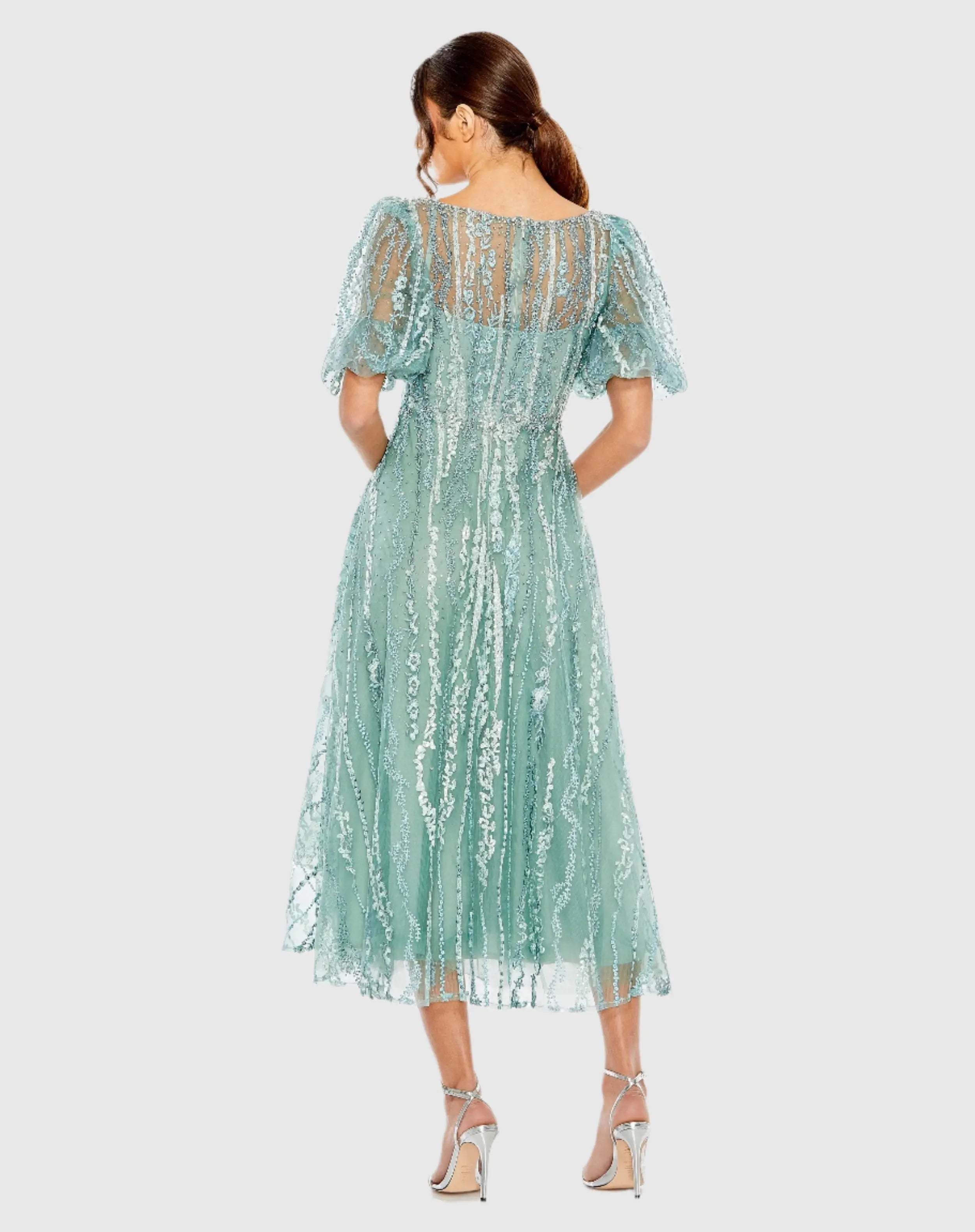 Green High Neck Puff Sleeve Embellished A Line Dress-Myartka