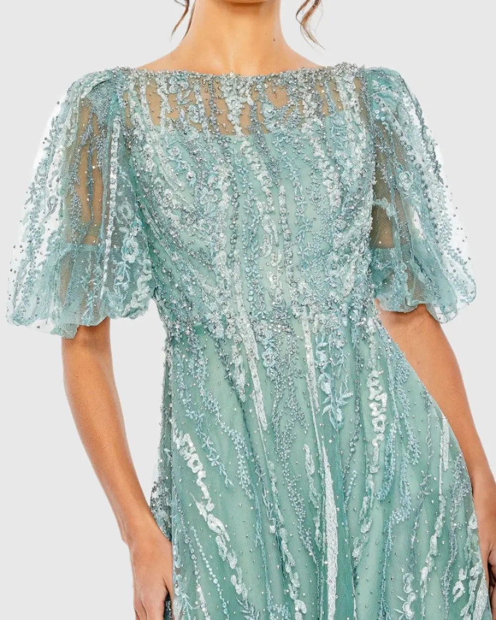 Green High Neck Puff Sleeve Embellished A Line Dress-Myartka