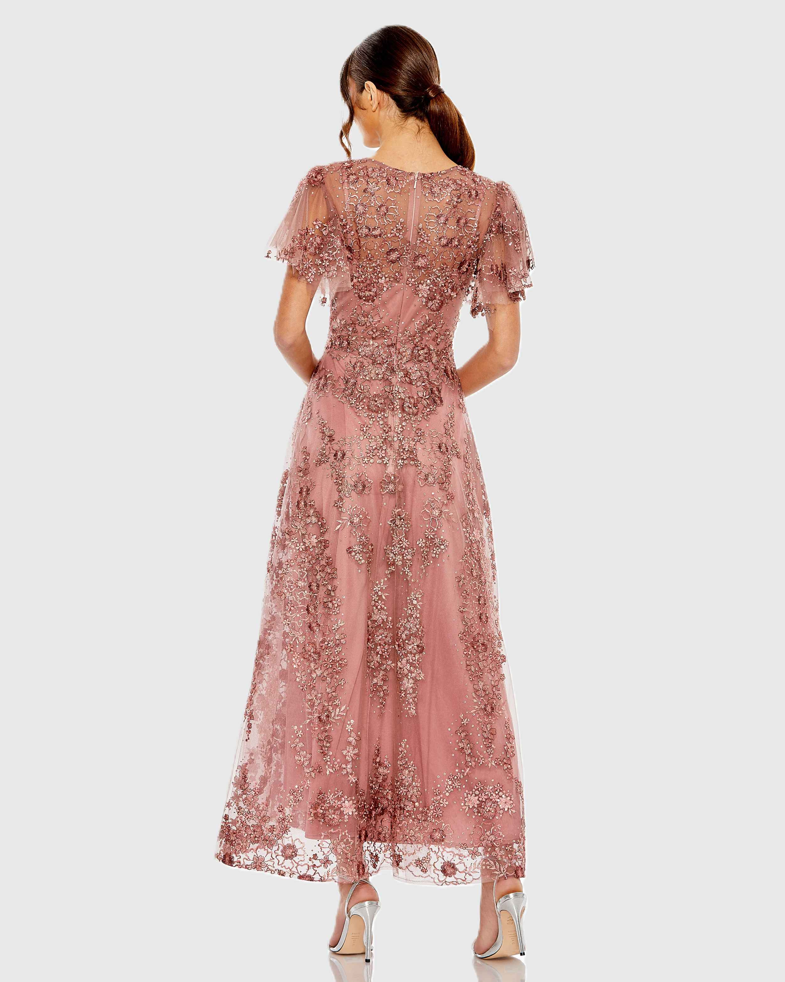 Pink Embroidered Flutter Sleeve A Line Dress-Myartka