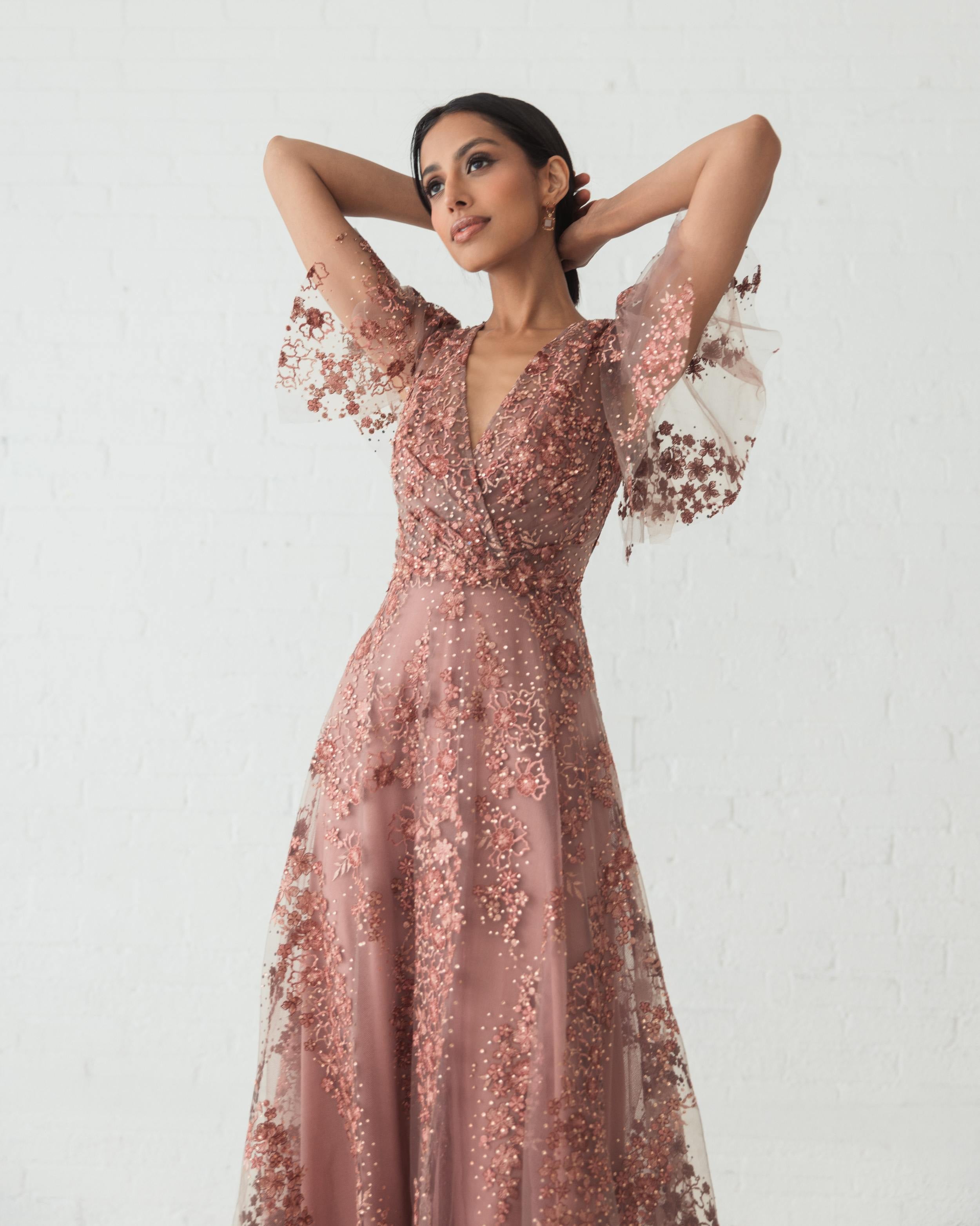 Pink Embroidered Flutter Sleeve A Line Dress-Myartka